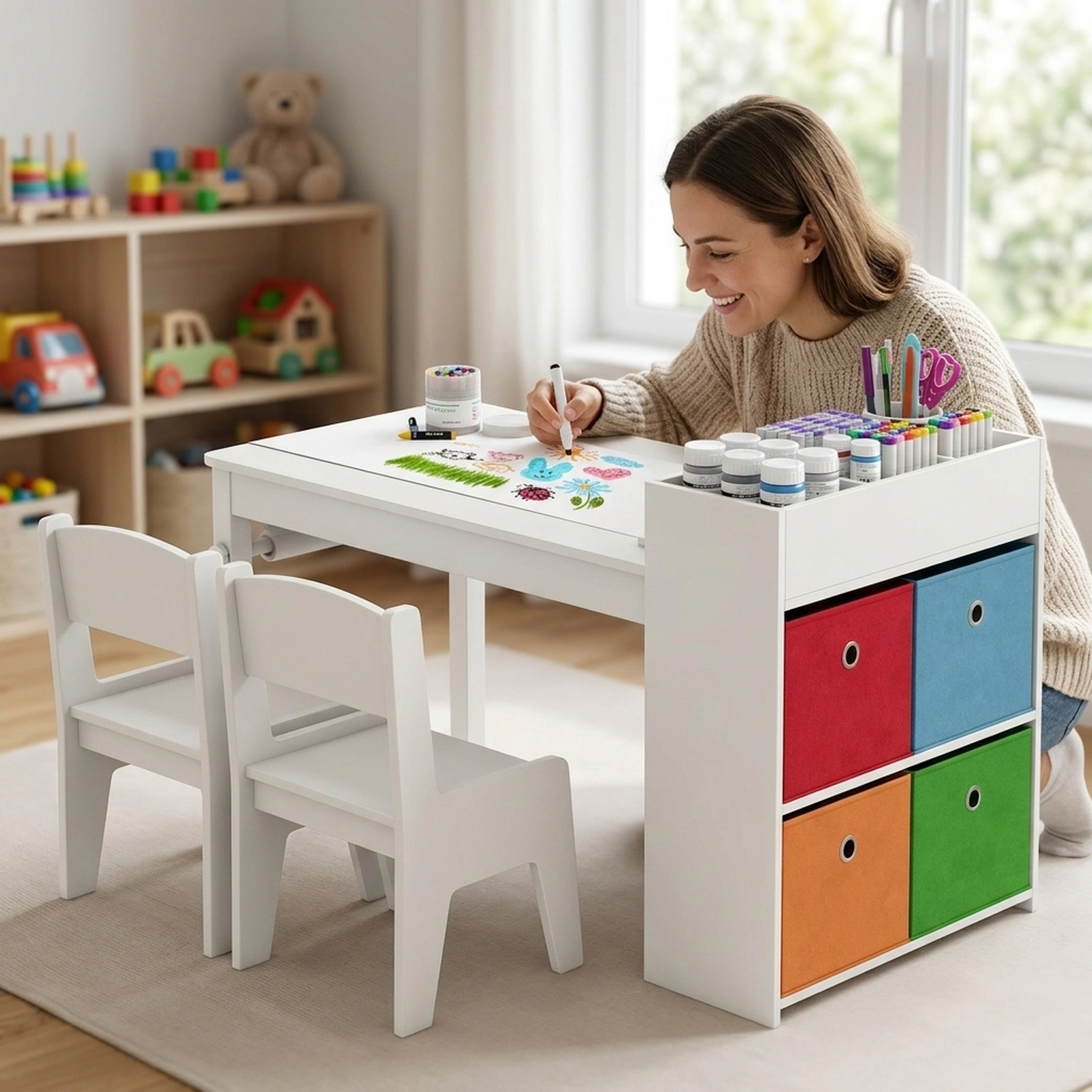 SUGIFT Kids Craft Table and 2 Chairs, White Activity Desk with Paper Roll Rack