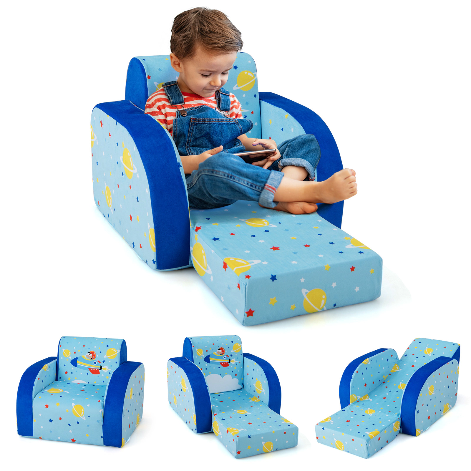 SUGIFT 3-in-1 Convertible Flip Open Kids Sofa Chair and Lounge Bed 66-lb Capacity Ages Under 3 Blue