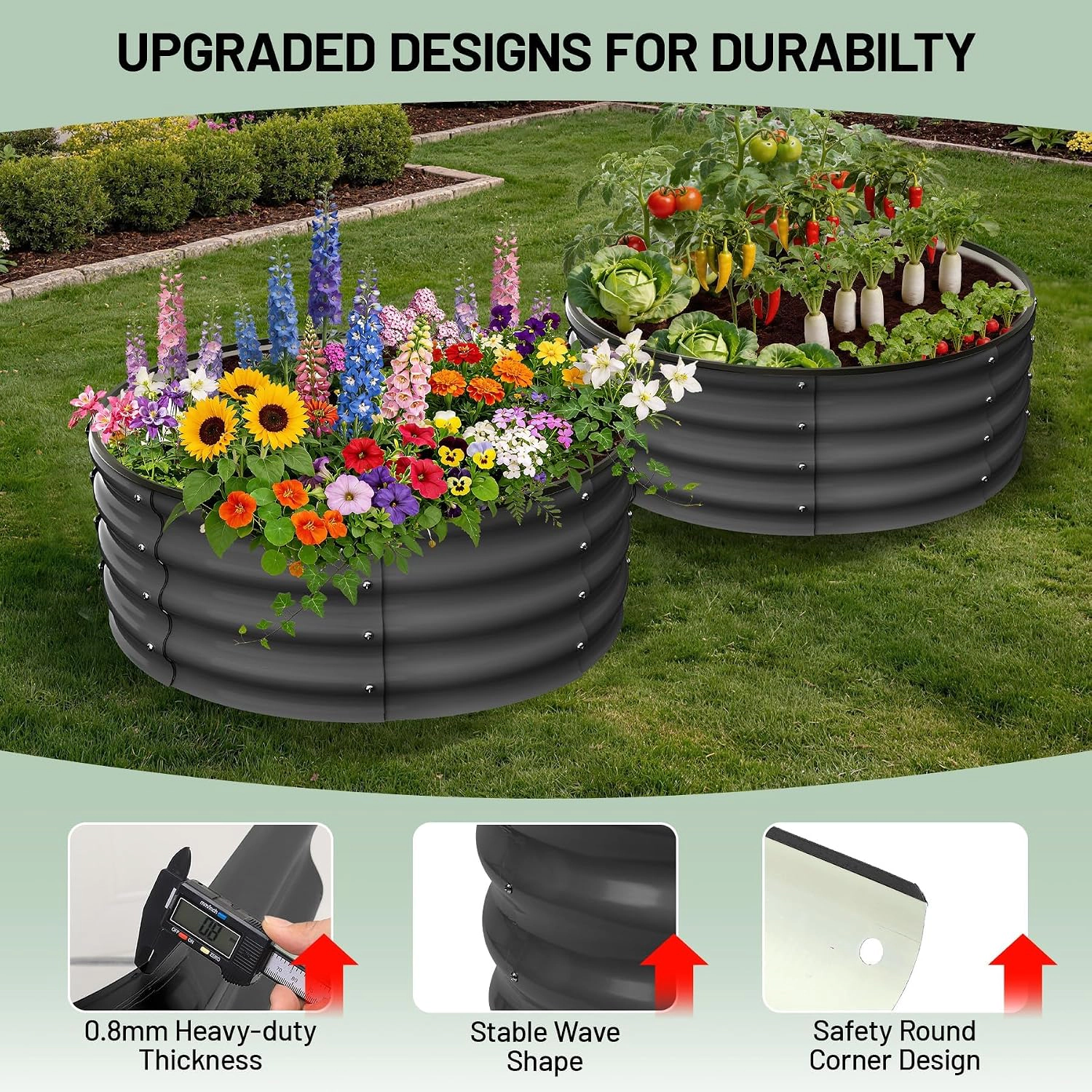Set of 2 Raised Garden Beds 2x1 ft, Galvanized Steel, Open Bottom for Drainage, Outdoor for Vegetables Flowers Herbs