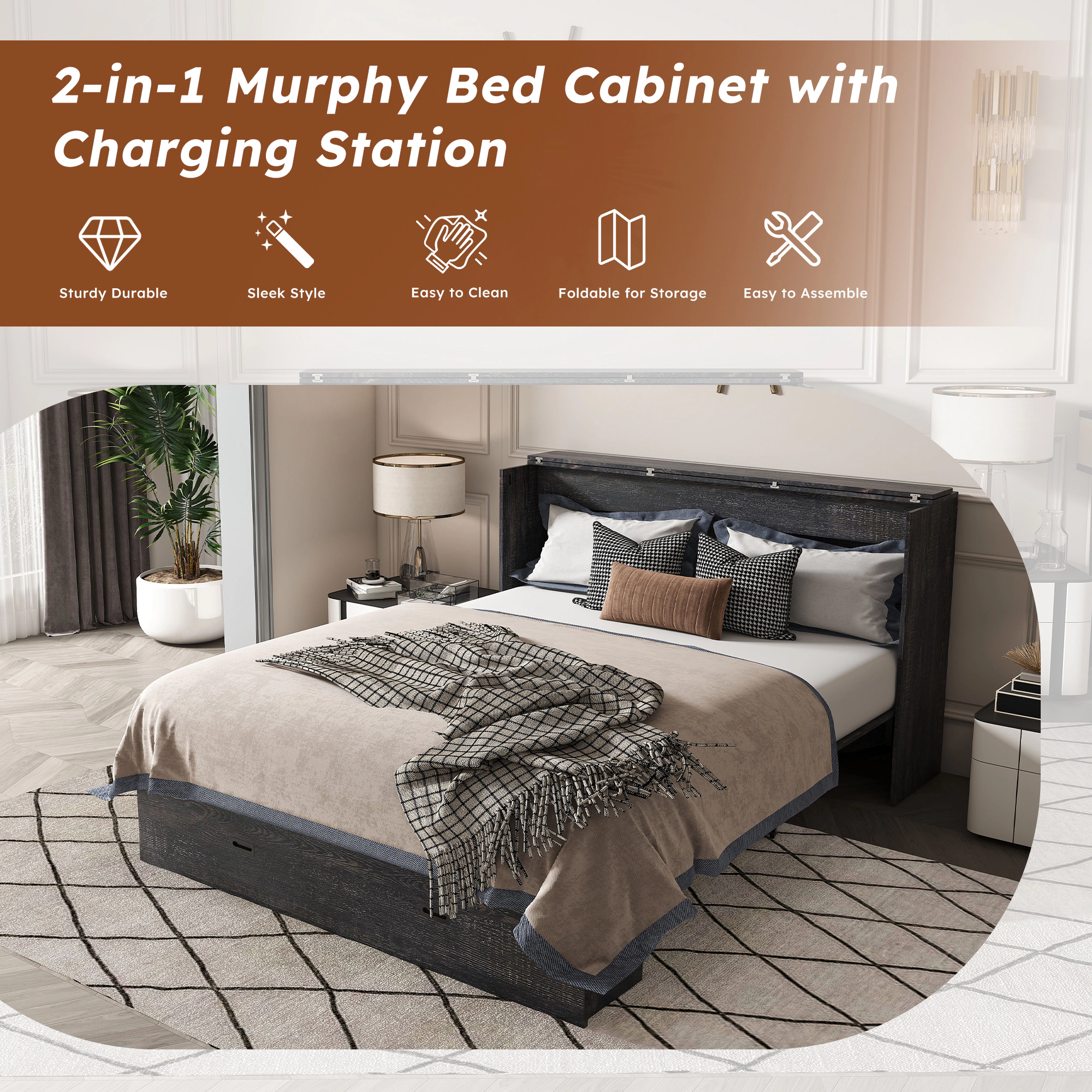 Flynama 57" Murphy Bed with Storage Drawers & Charging Cabinet, Foldable, On Wheels, Black
