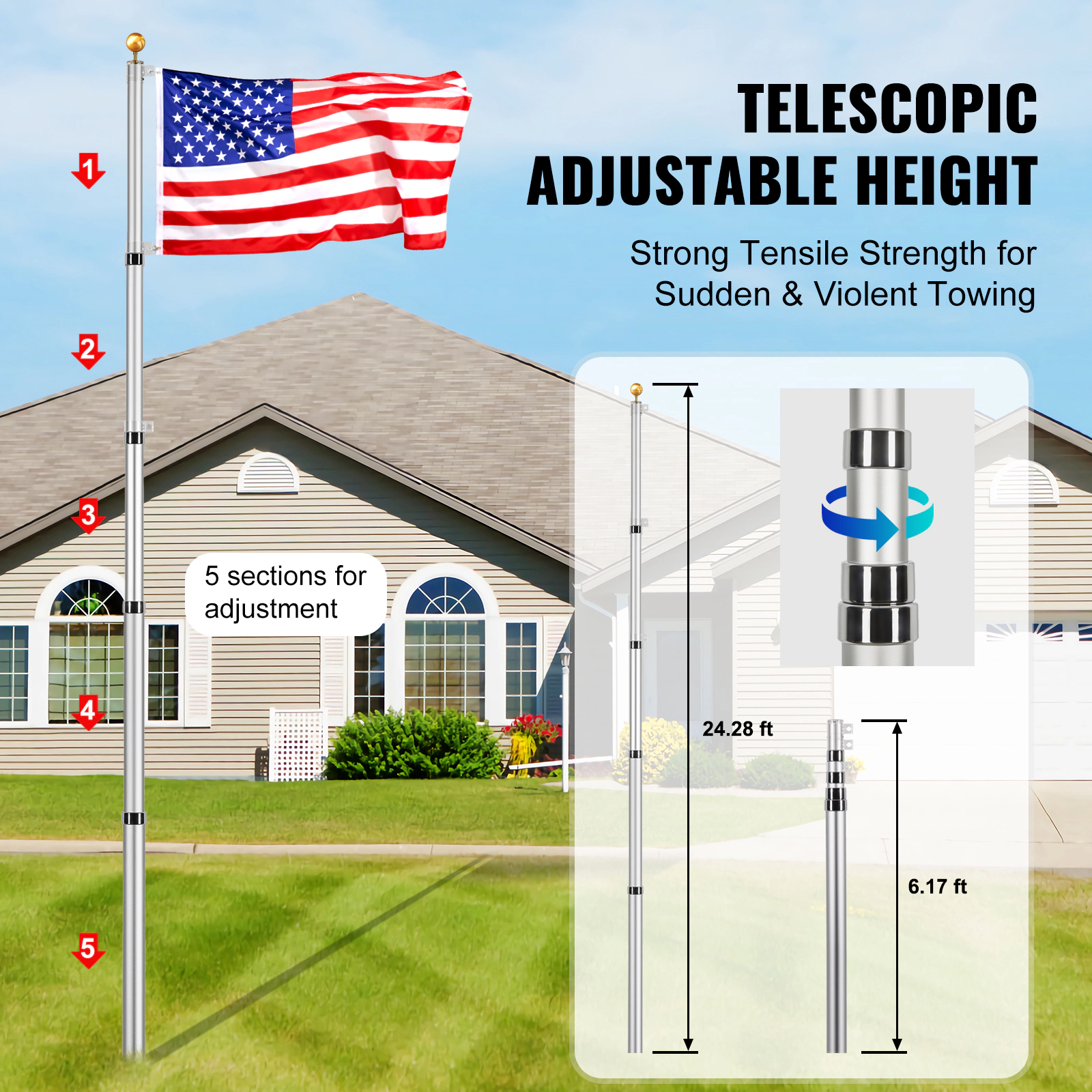 HONGGE 25 ft Telescoping Flag Pole Kit, Heavy Duty Aluminum with 3x5 American Flag, 3 Display Modes, Silver