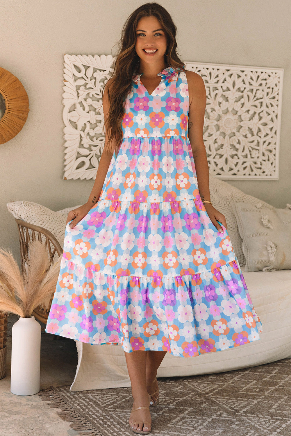 Threaded Pear Women's Lottie Floral Print Frilly Neck Sleeveless Tiered Maxi Dress