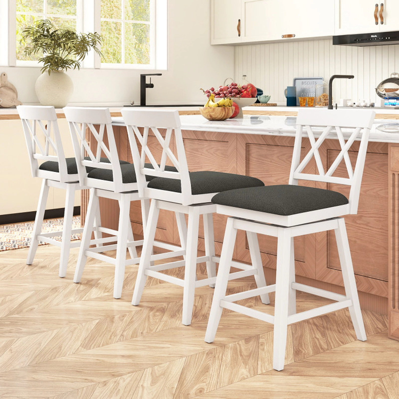 SUGIFT X-Back and Padded Cushion Set of 4 White 24 in Swivel Counter Height Bar Stools