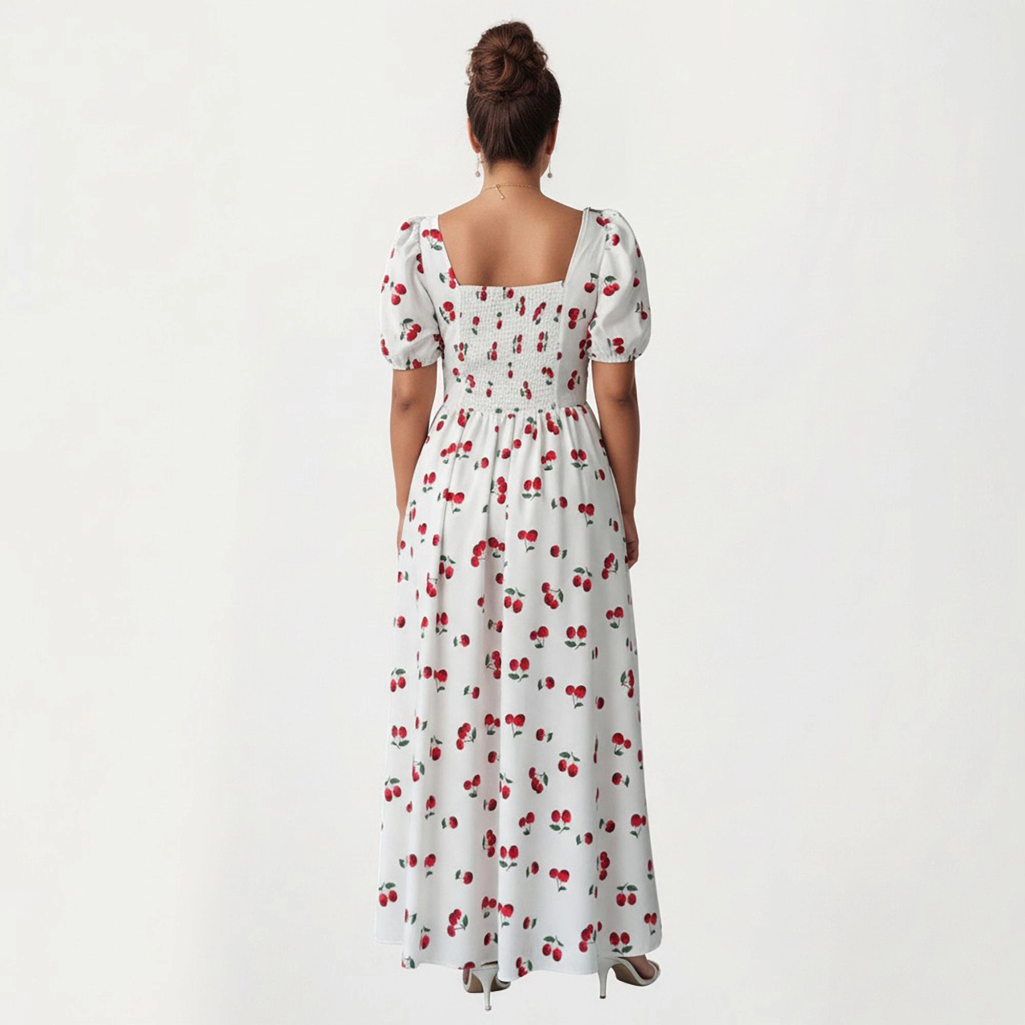 Anna-Kaci Women's Plus Cherry Print Square Neck Puff Sleeve Flowy Skirt Side Slit Detail Maxi Dress