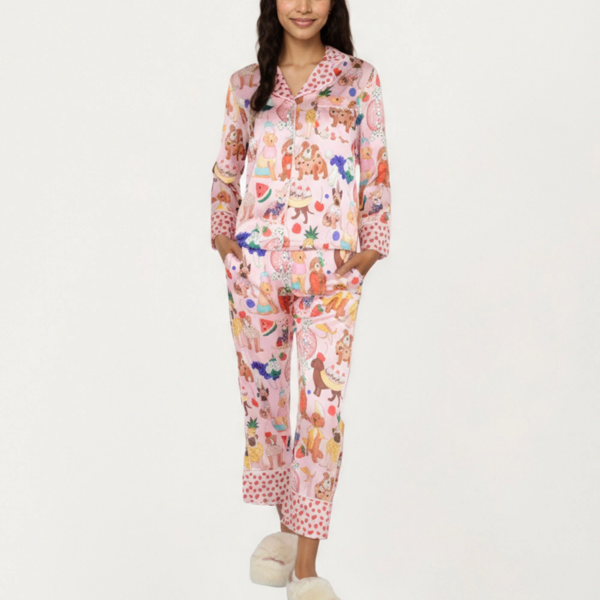Anna-Kaci Women's 2-Piece Button Front Pajama Set with Playful Dog Print and Soft Silky Fabric for Relaxed Comfort