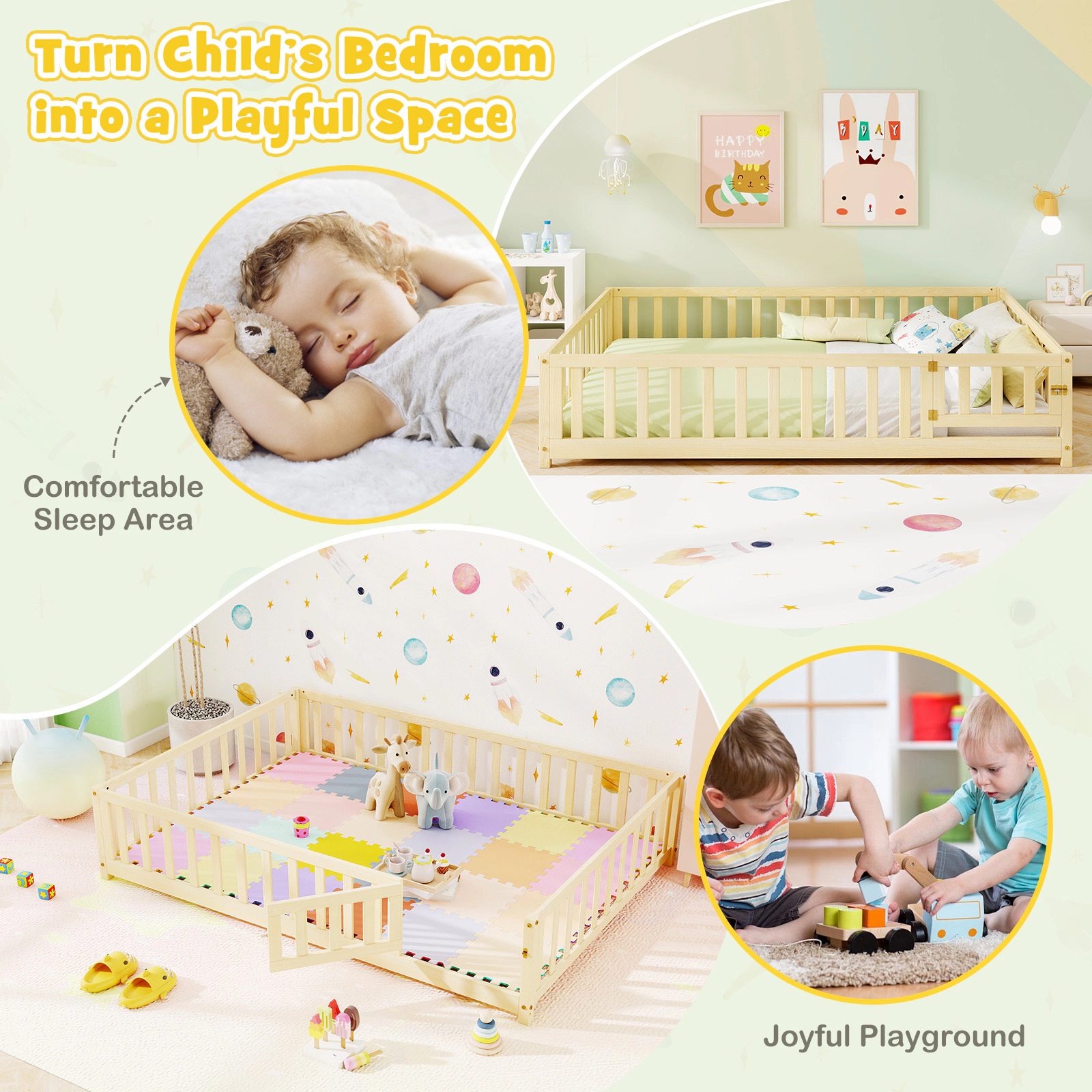 SUGIFT Natural Full-Length Guardrails Safety Door and Latch 330-lb Full Kids Montessori Bed Frame