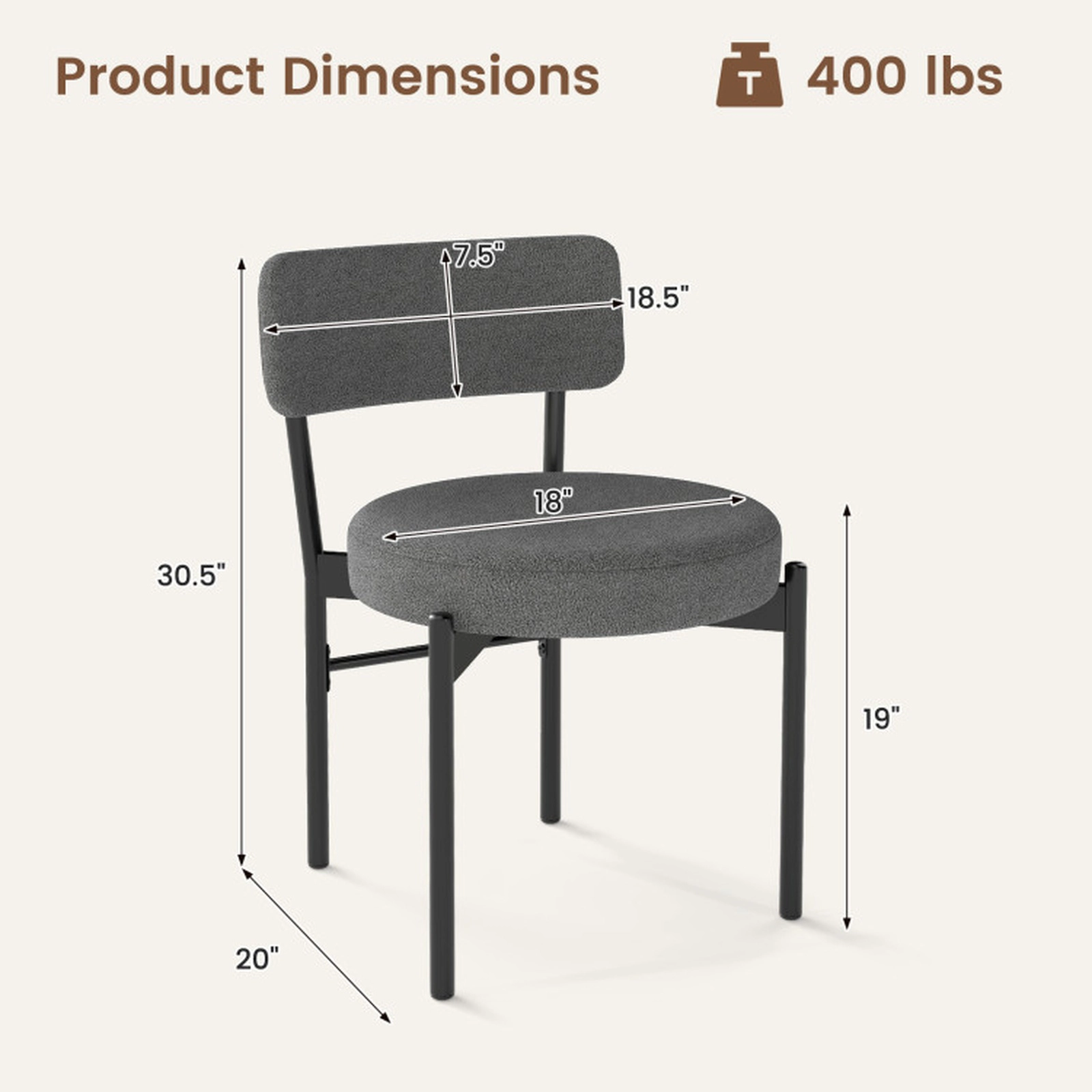 SUGIFT Set of 2 400-lb Capacity Gray Sherpa Upholstered Dining Chairs with Curved Backrest and Metal Legs