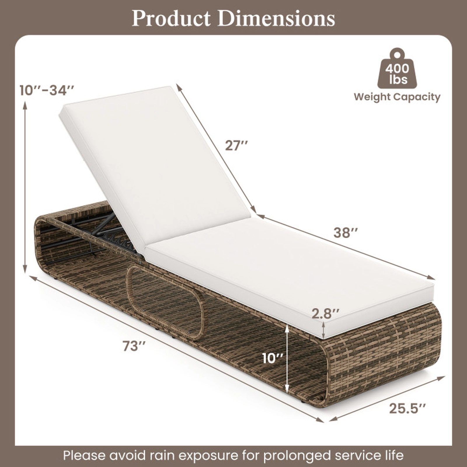 SUGIFT 7-Position Adjustable PE Rattan Outdoor Chaise Lounge Chair 400-Lb Capacity Mix Brown with Off-White/Navy Cushion
