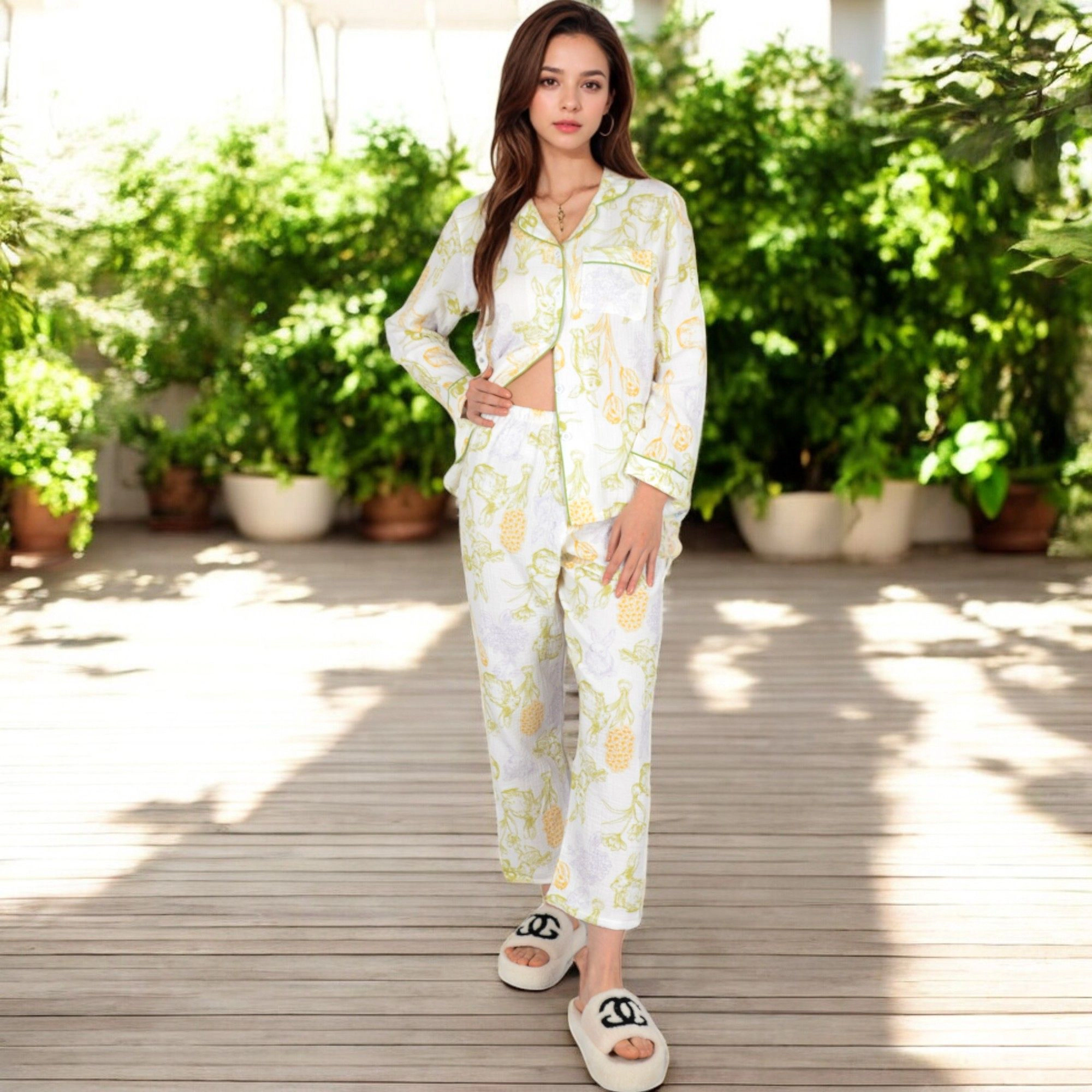Anna-Kaci Women's Printed Gauze Pajama Set with Button Up Shirt and Relaxed Fit Pants