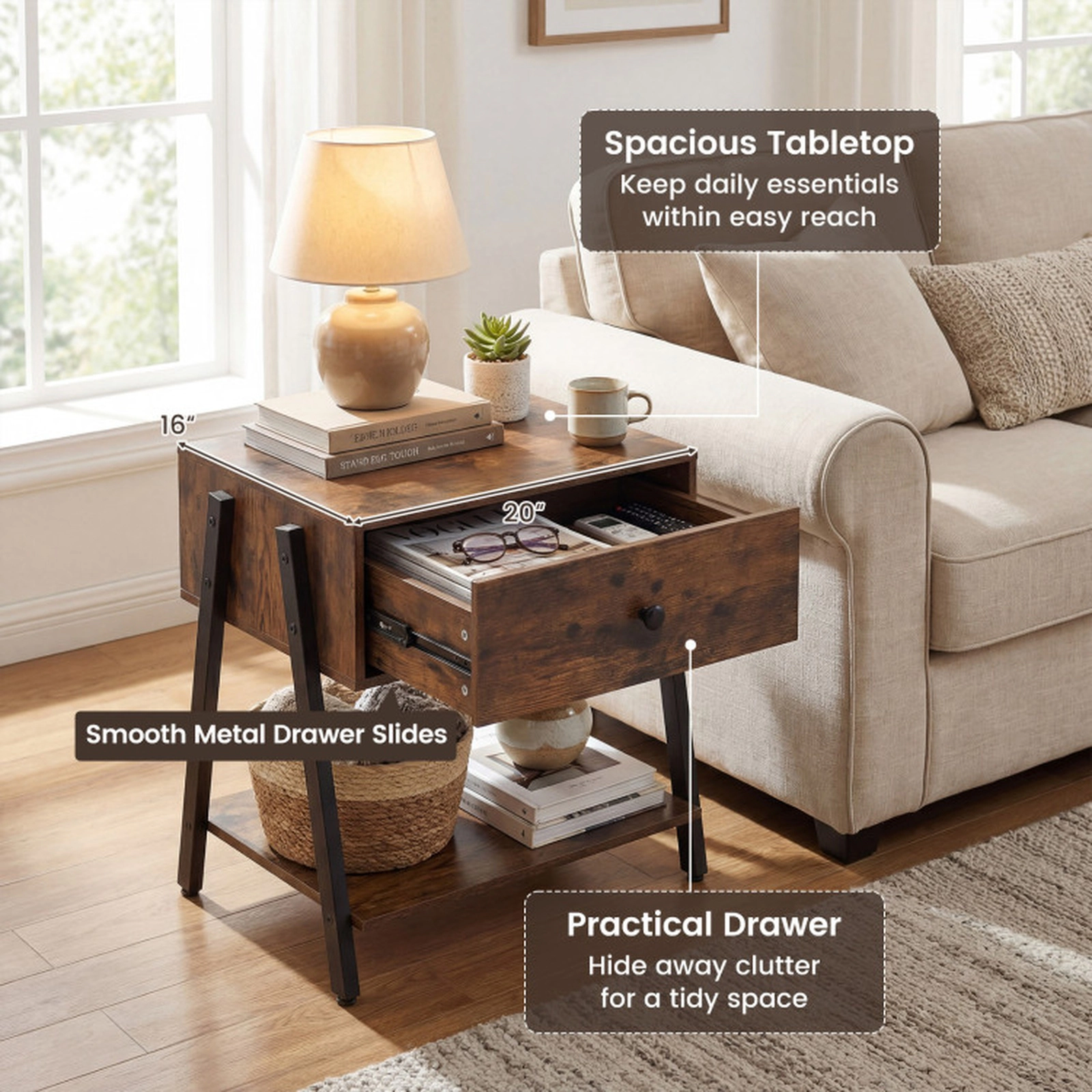 SUGIFT Industrial Nightstand with Drawer and Bottom Shelf 44-lb Top Shelf Capacity Rustic Brown 20-in Tabletop