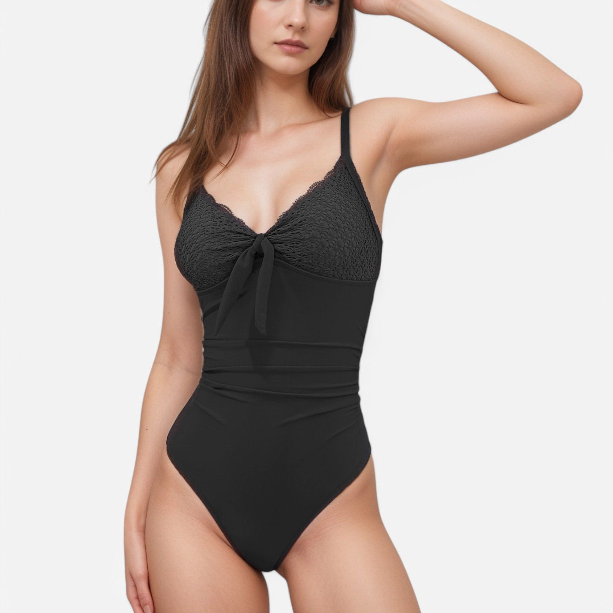 Anna-Kaci Women's One-Piece Swimsuit with Textured Bodice Front Tie Detail and Ruched Waist