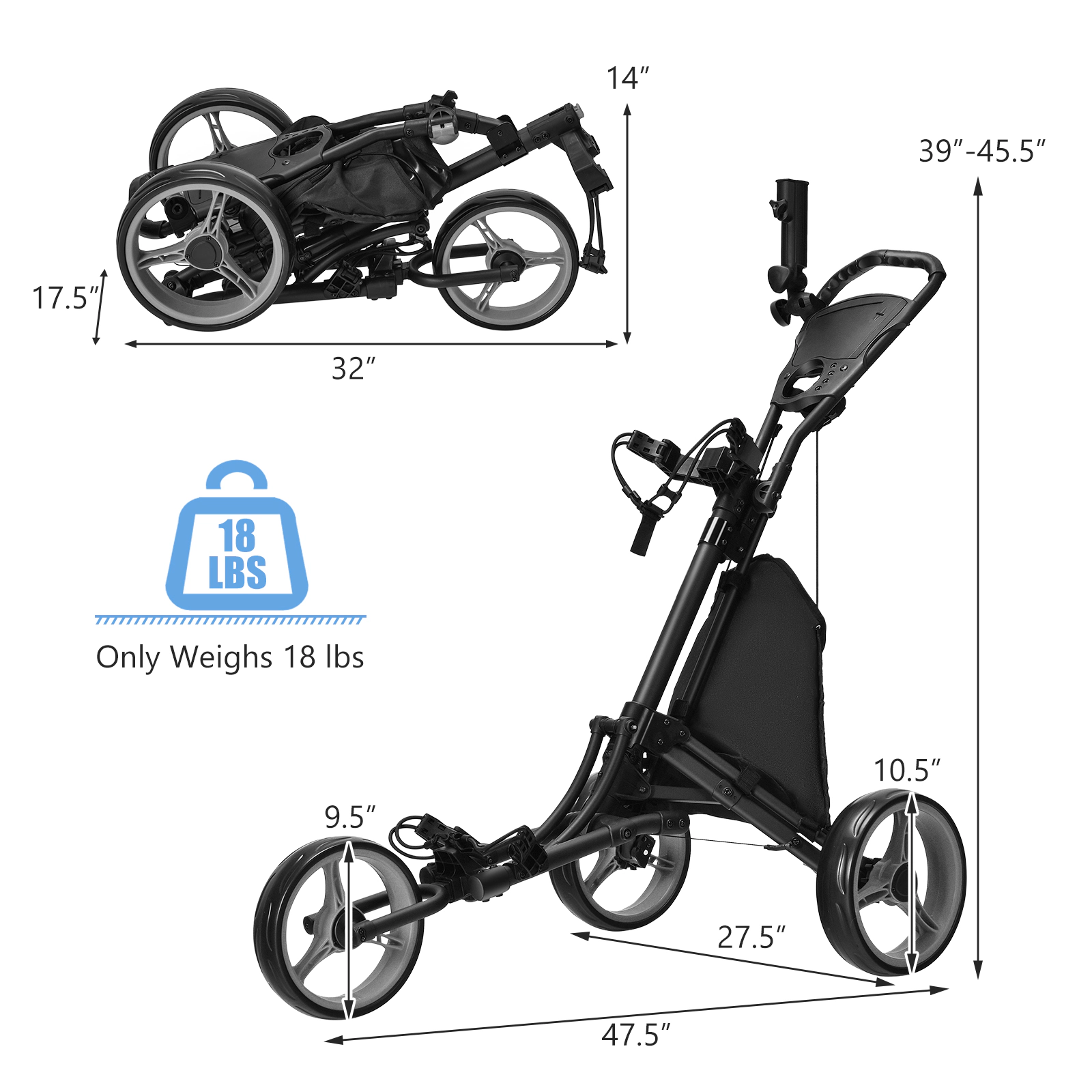 SUGIFT Folding 3-Wheel Golf Push Cart for Golf Bags Scoreboard & Adjustable Handle 30-lb Capacity 47.5-in Frame Gray