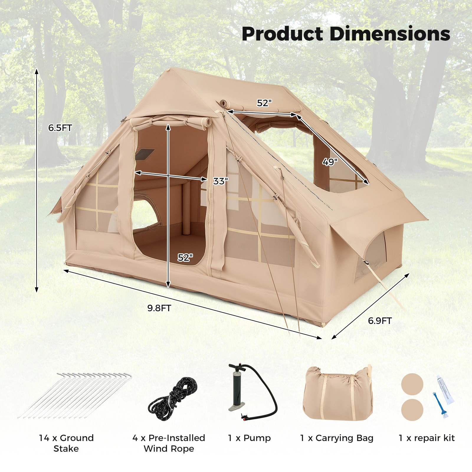 LJG 4-6 People Inflatable Camping Tent with 4 Mesh Screen Windows and 2 Doors