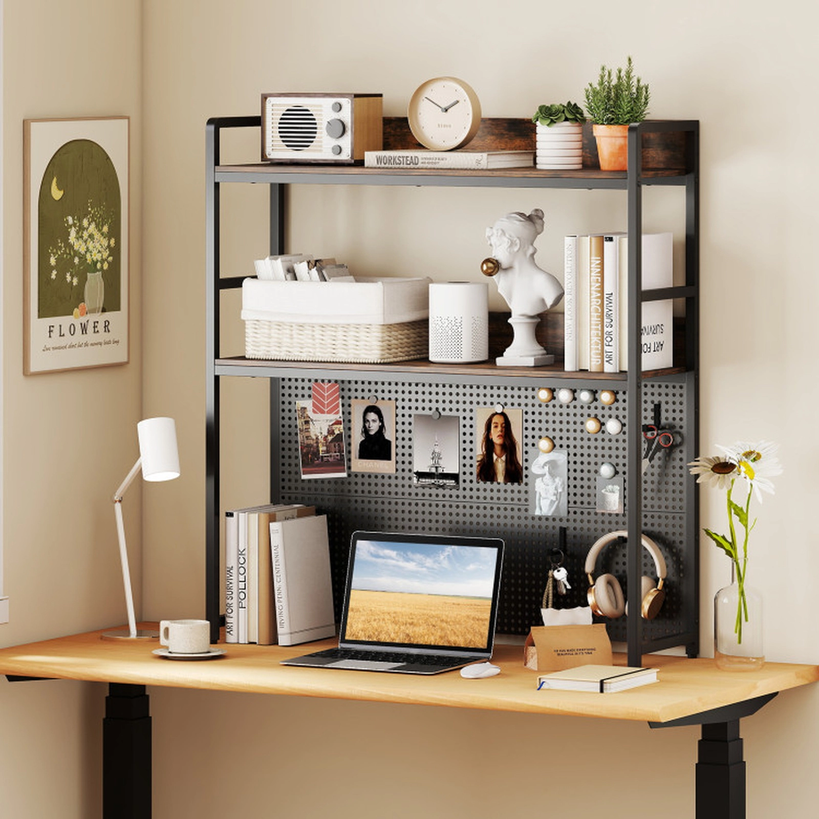 SUGIFT 2-Tier Desktop Bookshelf with Pegboard 55-lb Per Tier Capacity for up to 32-in Monitor Rustic Brown & Black