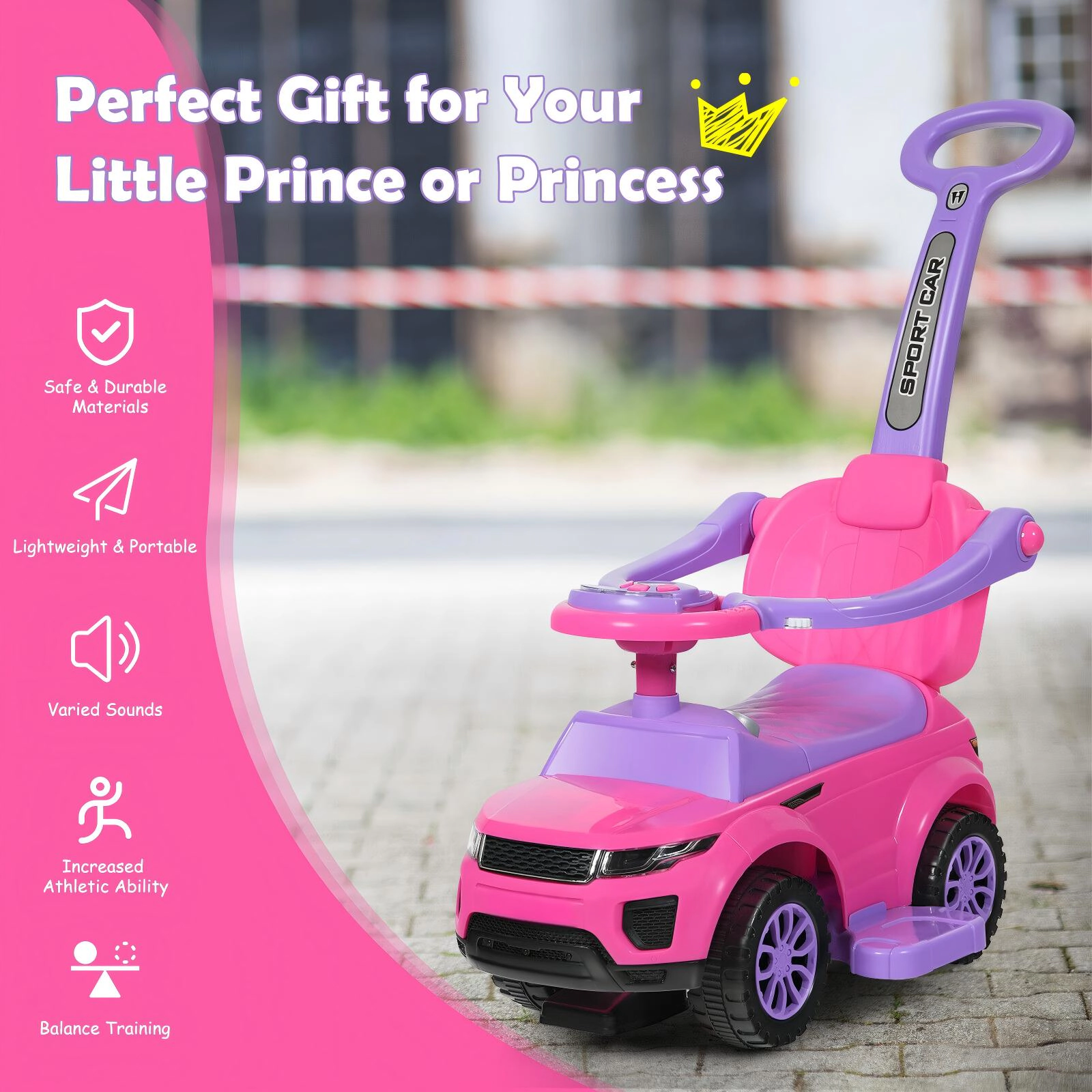 SUGIFT Pink Toddler 3-in-1 Ride-On Push Car Stroller with Music and Storage 35-in W 33-in H 55-lb Rider