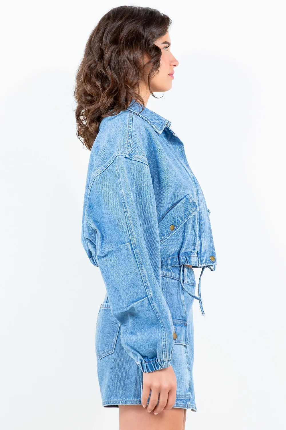 TRUEDAMES Women Drawstring Waist Crop Denim Jacket