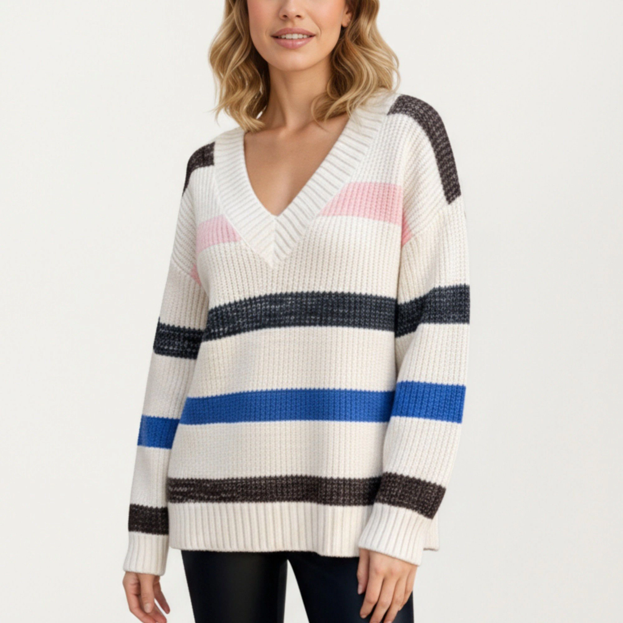 Anna-Kaci Women's Striped V-Neck Rib Knit Pullover Sweater