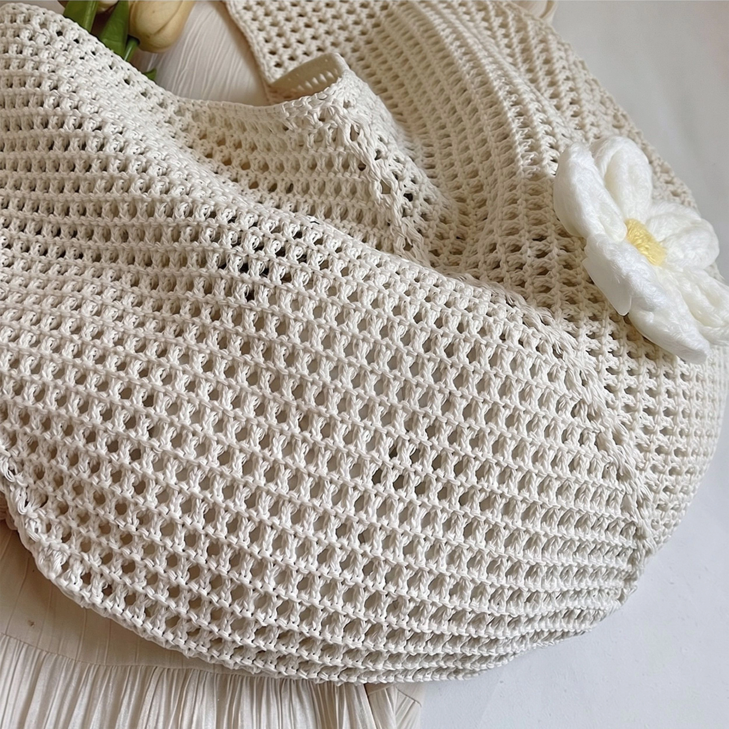 Alilang Women's Woven Crochet Hobo Shoulder Bag Lightweight Knit Slouchy Tote with Flower Detail, Beige