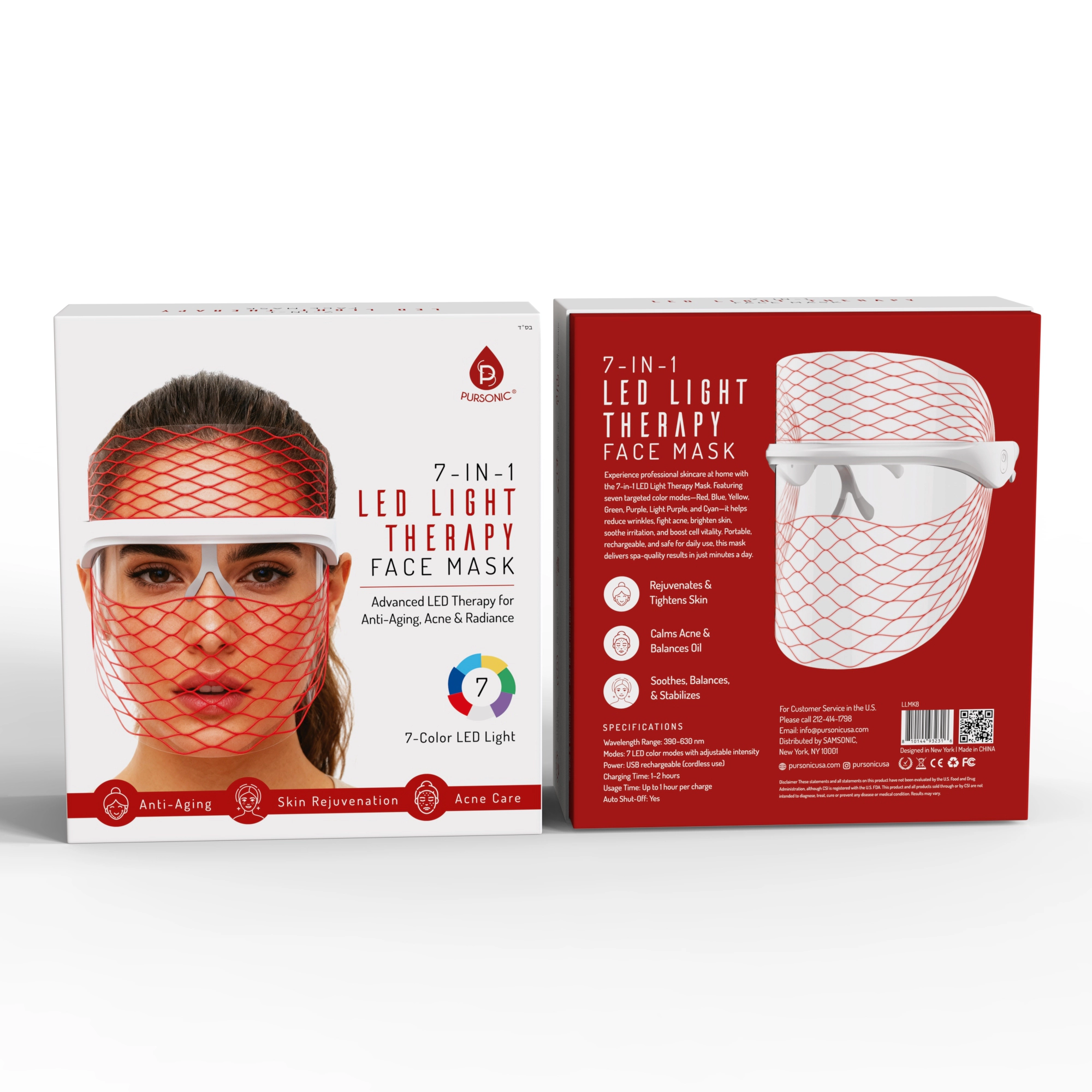 Pursonic Unisex 7-in-1 LED Light Therapy Face Mask – Rejuvenate, Restore & Reveal Your Glow
