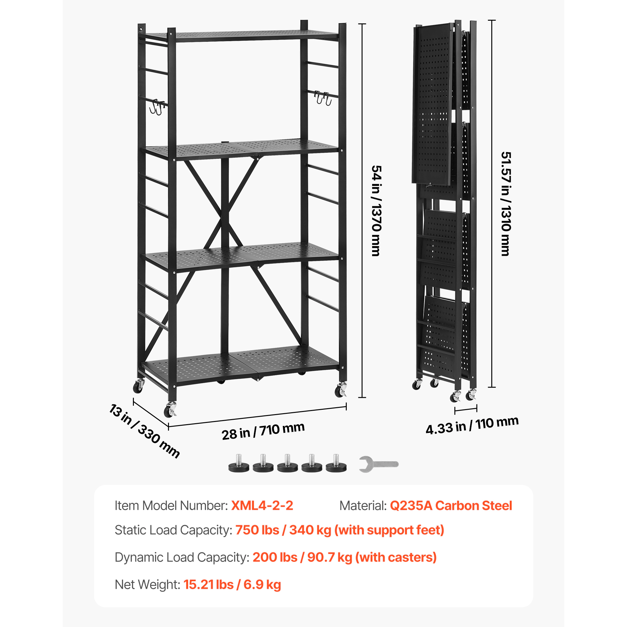 HONGGE Foldable Storage Shelf Folding Metal Rack Shelving Unit No Assembly Organizer Shelf with 5 Wheels & 4 Hooks for