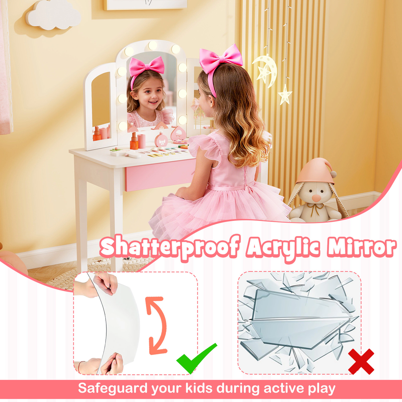 SUGIFT Kids Vanity Table Set with Stool, Tri-Fold Lighted Acrylic Mirror and Drawer