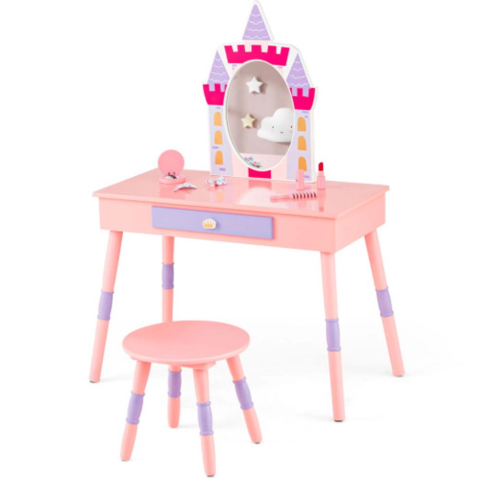 Hivvago Kids Princess Vanity Table And Stool Set With Drawer And Mirror-Pink