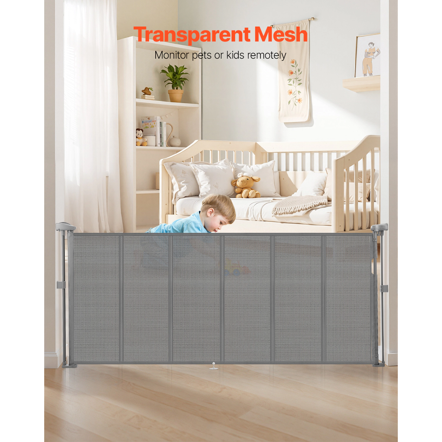 HONGGE Retractable Mesh Gate, 34 In Tall, Extends to 71 In Wide, Fiberglass Frame for Stairs and Doorways, Gray