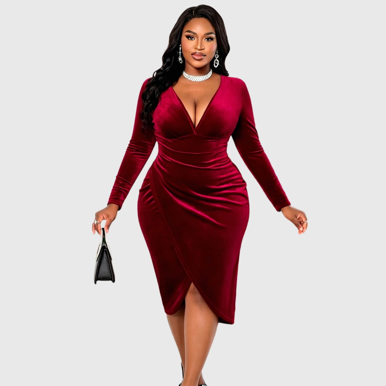 YesFashion Womens Plus Size Velvet Dresses Casual V Neck Long Sleeve Ruched Bodycon Cocktail Party Dress
