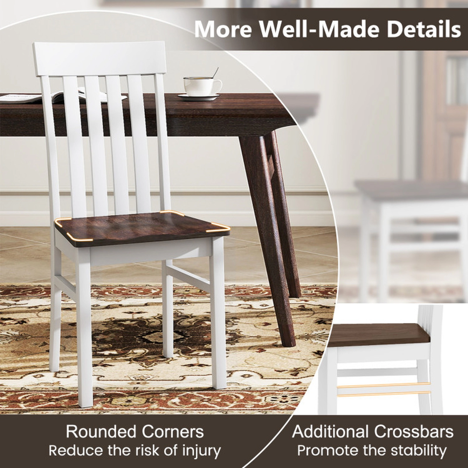 SUGIFT Set of 2 Slatted High-Back Armless Wood Dining Chairs, White and Walnut
