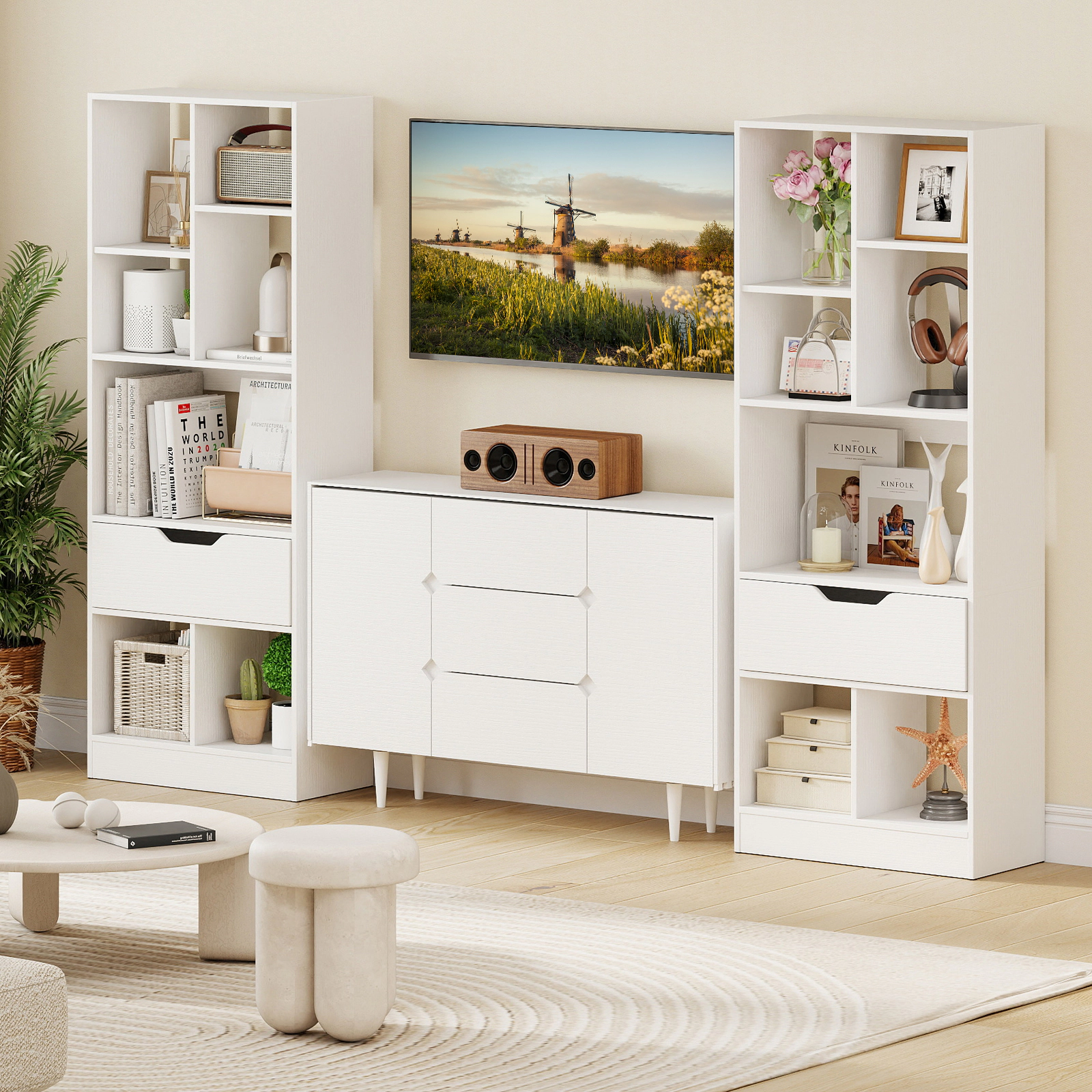 SUGIFT 7-Cube 51-in Tall Narrow Freestanding Bookshelf with Drawer Storage Organizer for Small Spaces