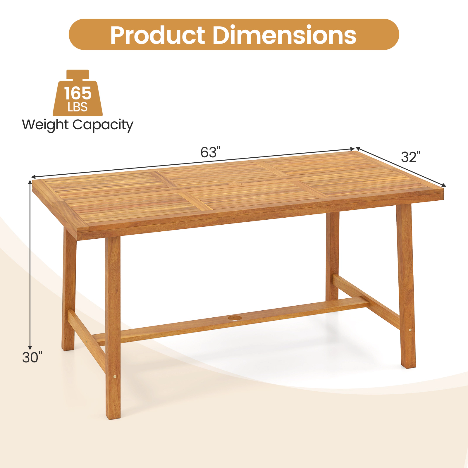 SUGIFT Acacia Wood 63-in Dining Table for 6 People with 1.97-in Umbrella Hole 165-lb Capacity Indoor Outdoor Natural