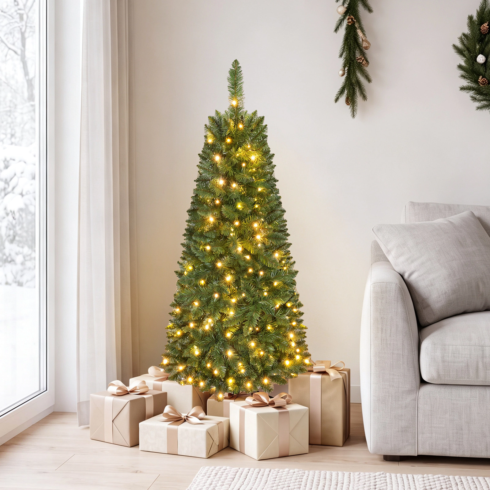 Costway 4.5/6.5/7.5ft Pre-Lit Hinged Pencil Christmas Tree 150 Lights