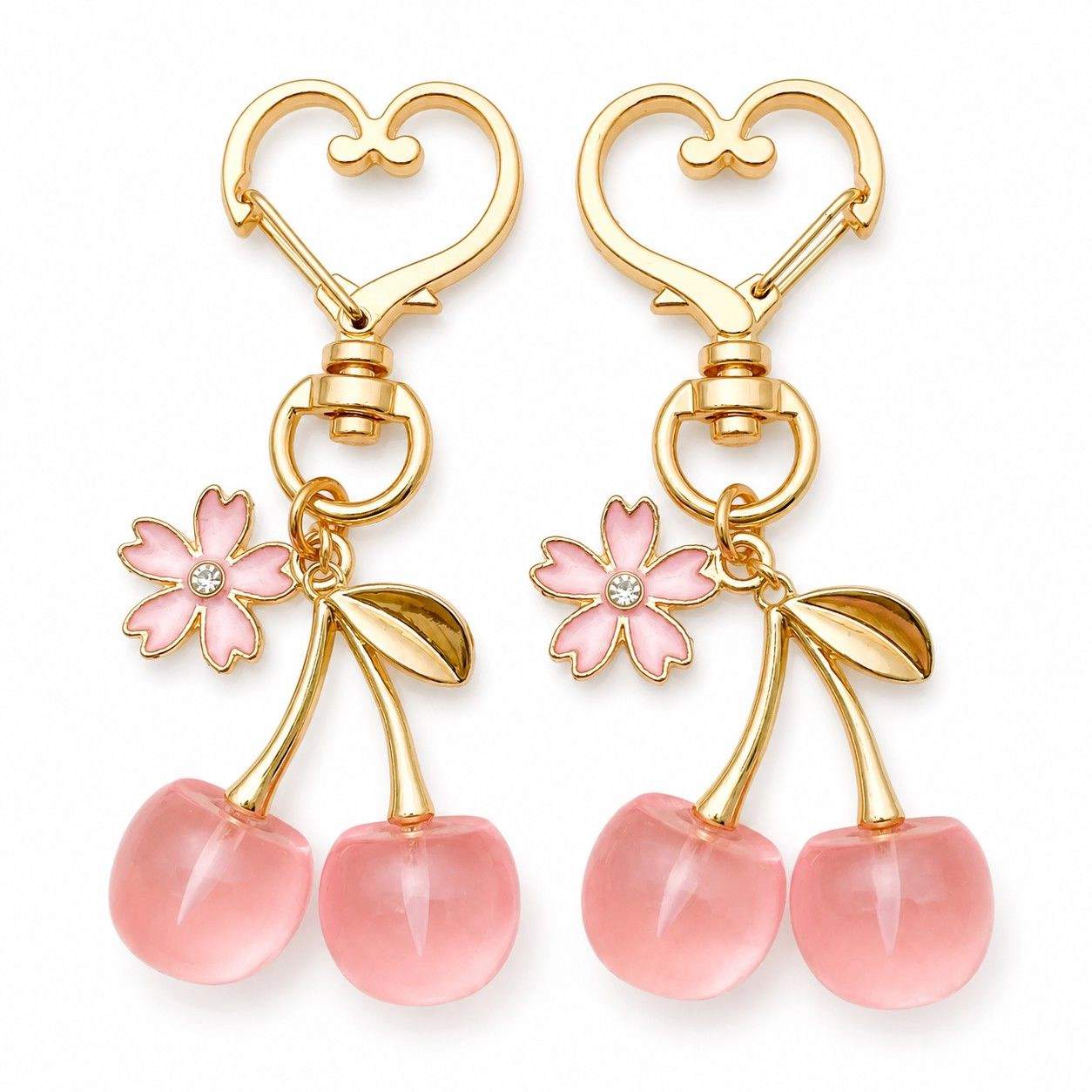 Alilang Women's 2-Pack Translucent Cherry Bag Charm Keychains with Flower Accents and Gold-Tone Heart Clasps