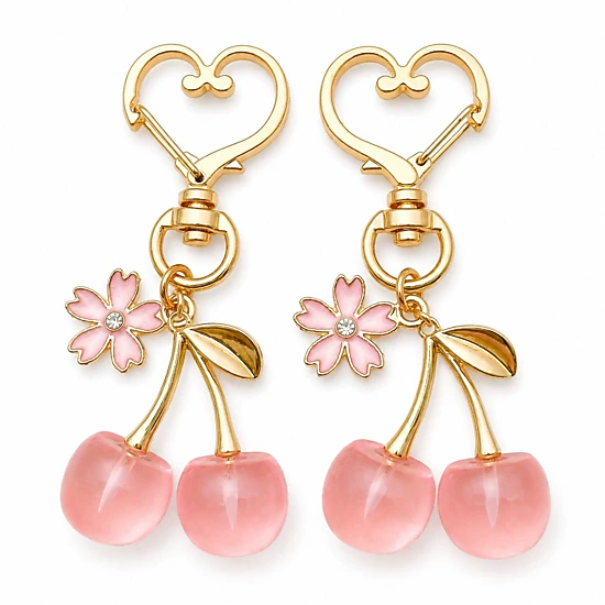 Alilang Women's 2-Pack Translucent Cherry Bag Charm Keychains with Flower Accents and Gold-Tone Heart Clasps
