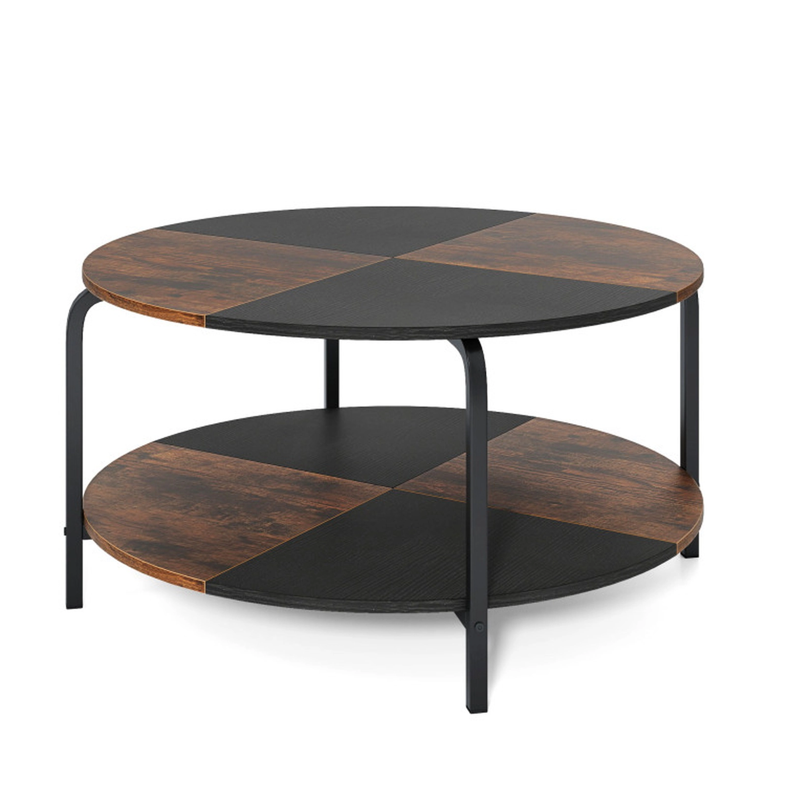 SUGIFT 2-Tier Round Coffee Table with Split-Color Top 220-lb Tabletop Capacity Rustic Brown & Black