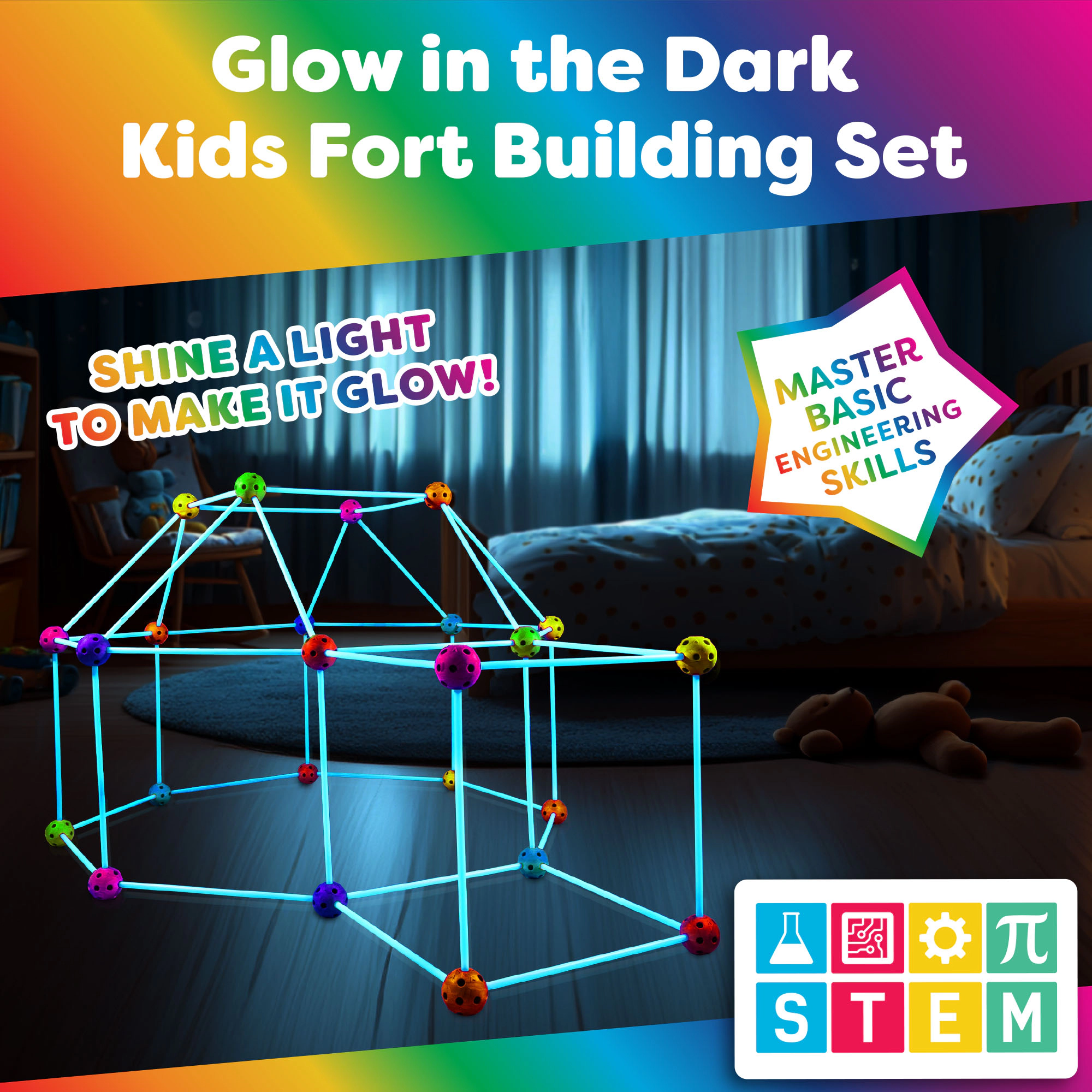 Power Your Fun Forts Construction Set, 90 Pieces Glow in the Dark Building Set with Stickers For Kids