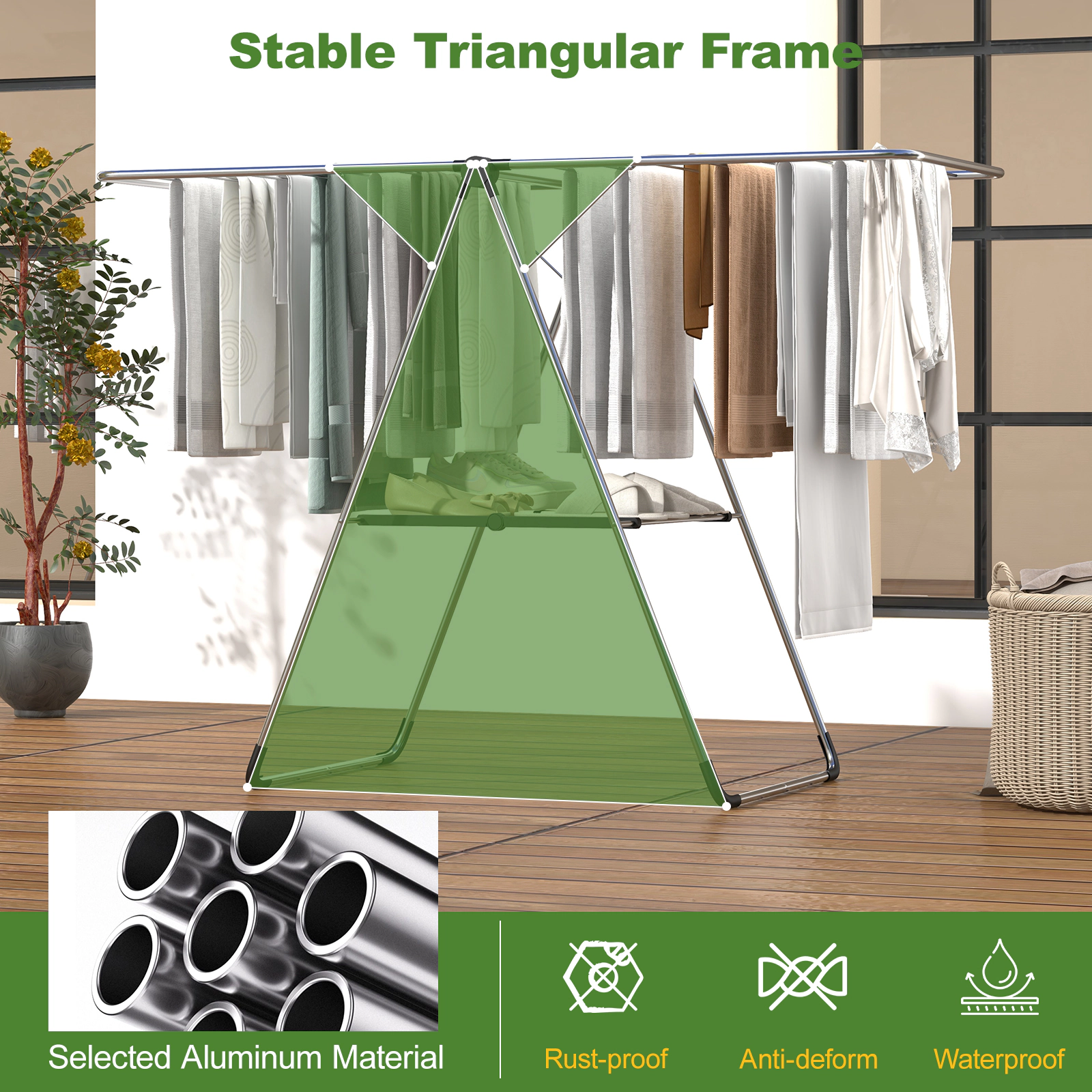 SUGIFT Silver 56-in Wide 2-Tier Folding Aluminum Laundry Drying Rack with Built-In Shoe Shelf for Balcony