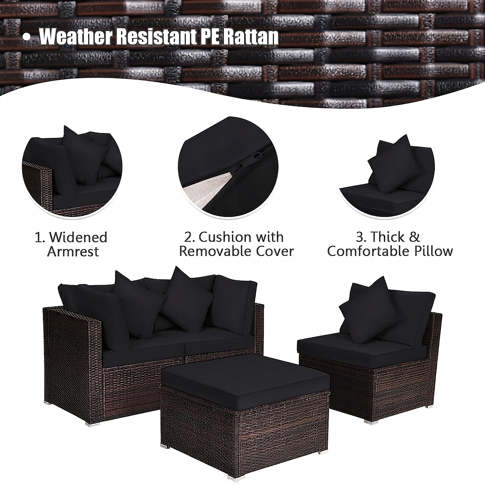SUGIFT 4-Piece Black Wicker Patio Sectional, L-Shaped Corner Sofas and 4-Inch Cushioned Ottoman