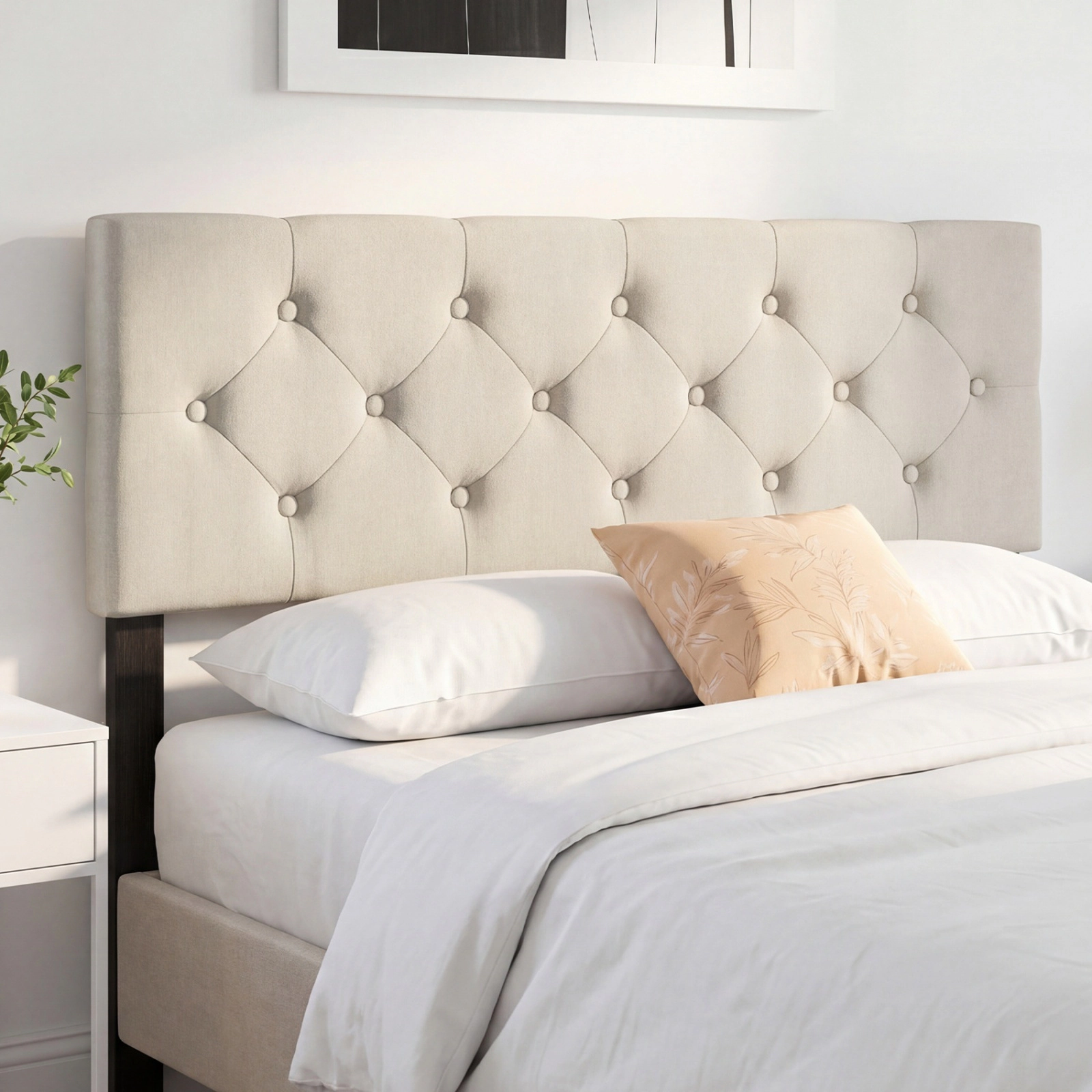 SUGIFT Button-Tufted Upholstered Headboard, Beige Faux Linen, Full/Queen, Adjustable Leg Width