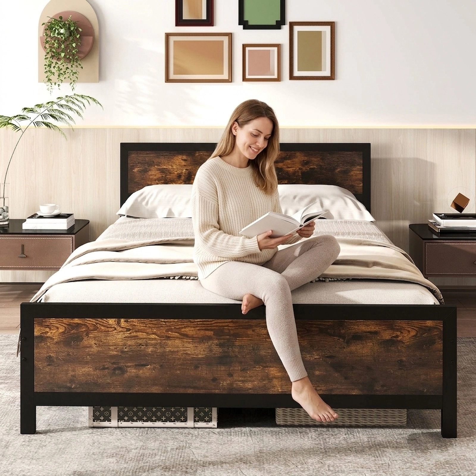 SUGIFT Queen Platform Bed Frame, Rustic Brown Wood-Grain Headboard and Footboard, Metal Slat Support, 660 lb Capacity