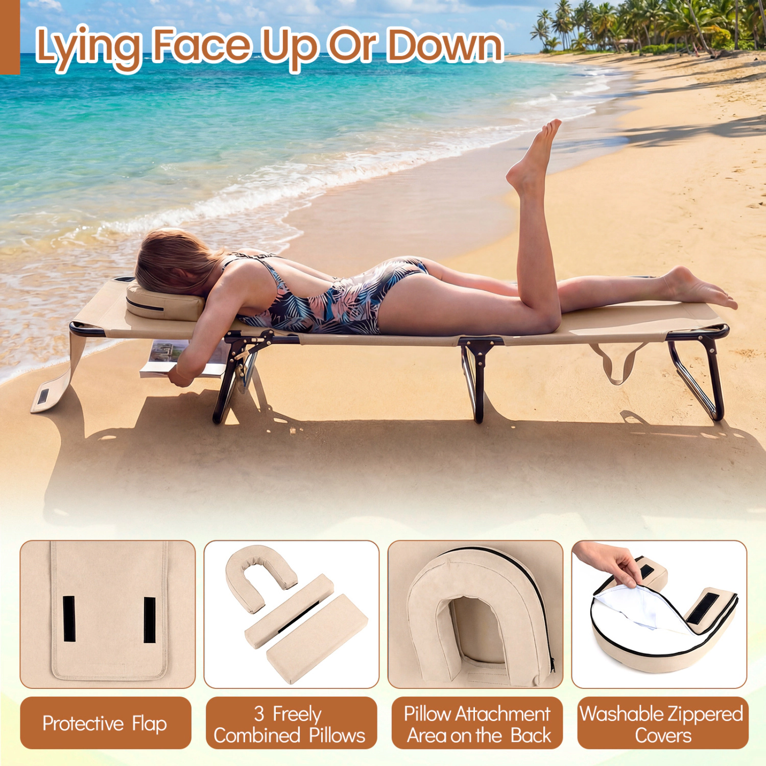 LJG Folding Face Down Tanning Chair with Hole 3 Removable Pillows