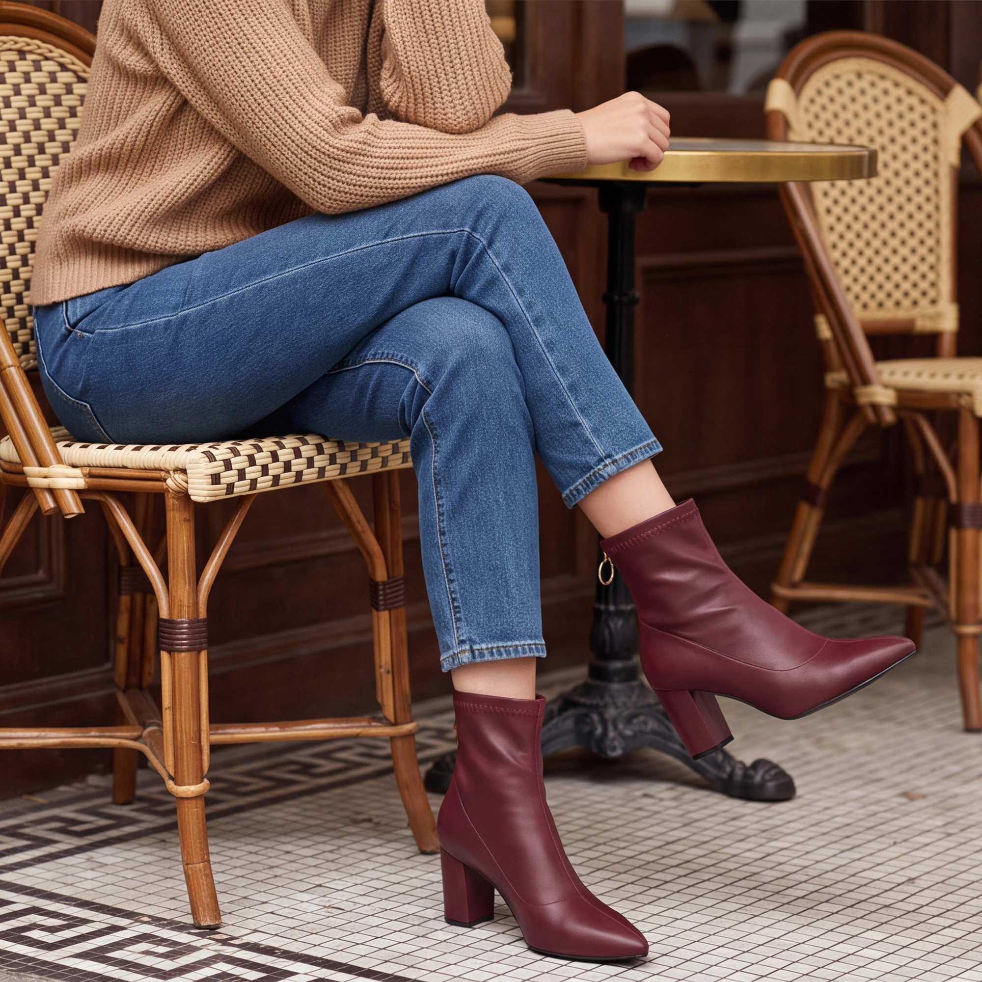 BLISSFUL STEP Women Pointy Toe Back Zip Chunky Heel Ankle Boots