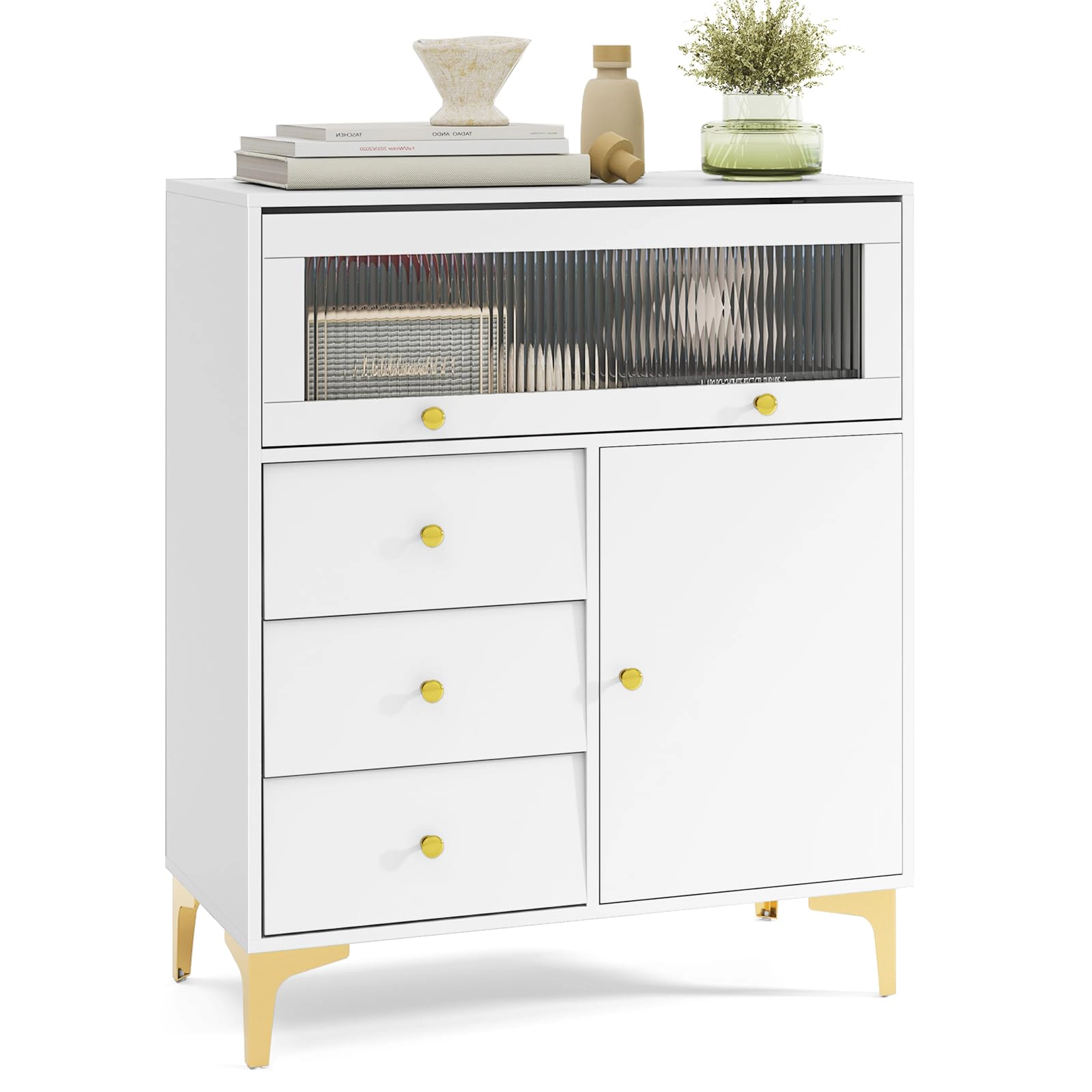 Glintex 3-Drawer Chest with Flip-Up Fluted Glass Door and Metal Legs, Gray