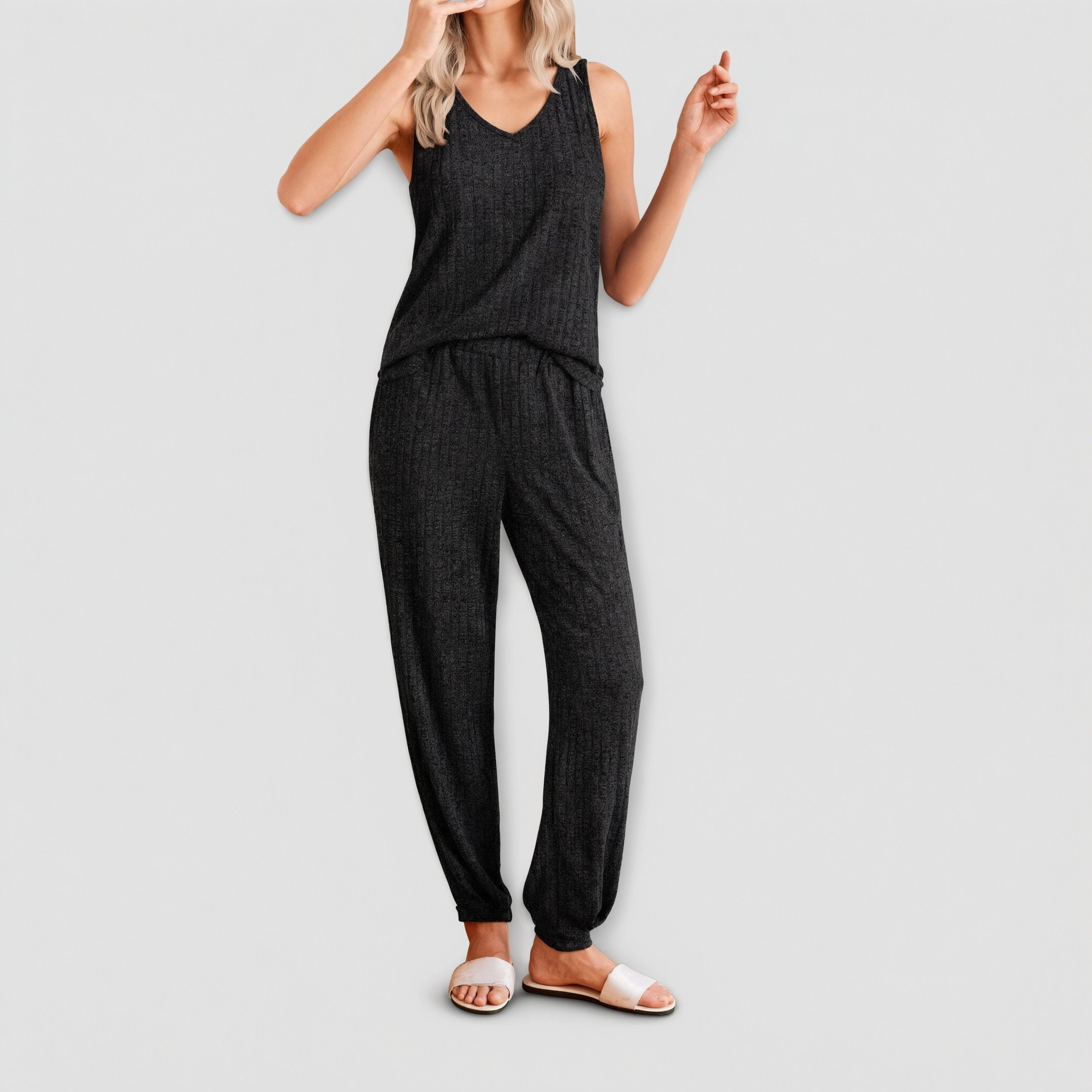 Ekouaer Pajamas Sleeveless Summer Lounge Set Ribbed Knit Pj Loungewear Tank Top with Jogger