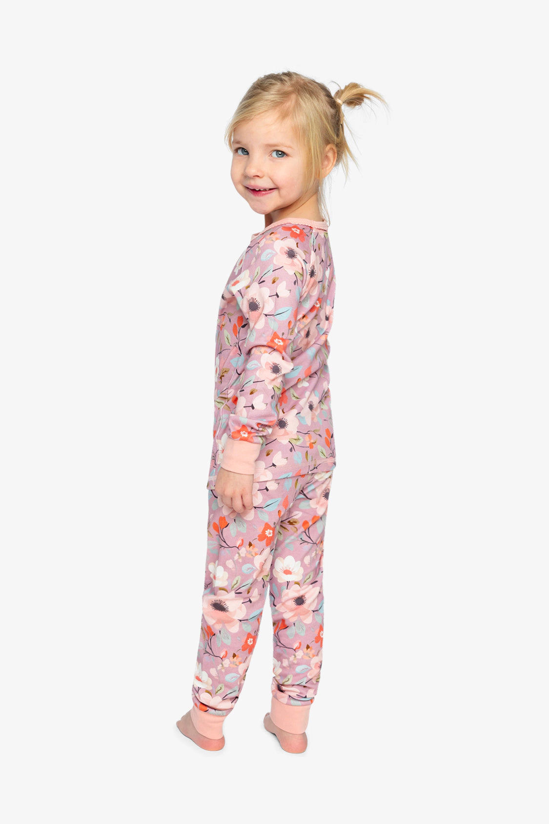 Deux par Girls Organic Cotton Floral Two Piece Pajama Set with Raglan Sleeve Top and Waist Pants
