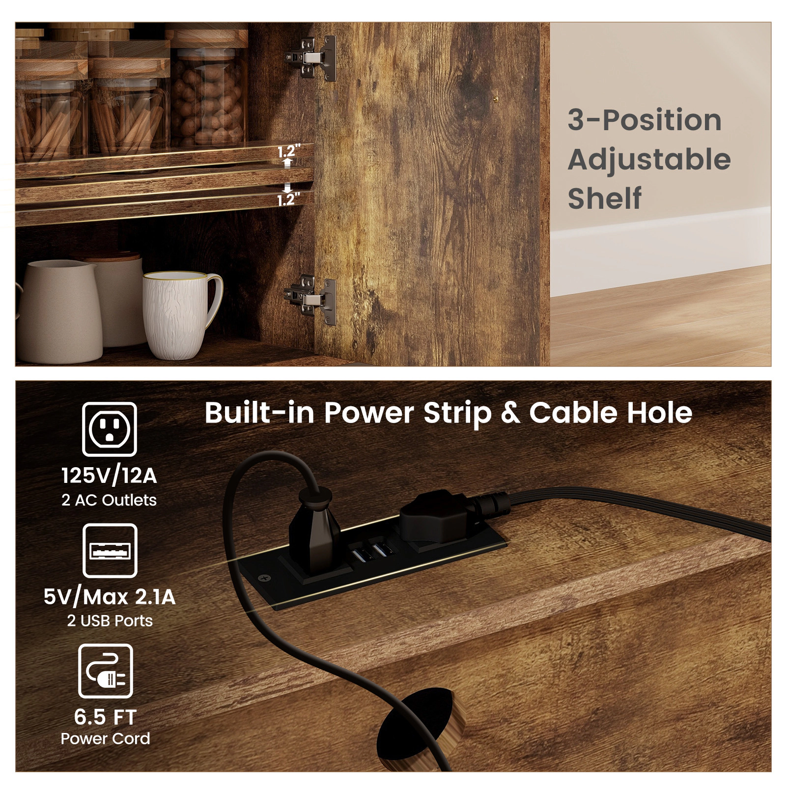 SUGIFT Rustic Brown Drop Leaf Rolling Kitchen Island Cart with Power Outlet USB Port and Wine Rack