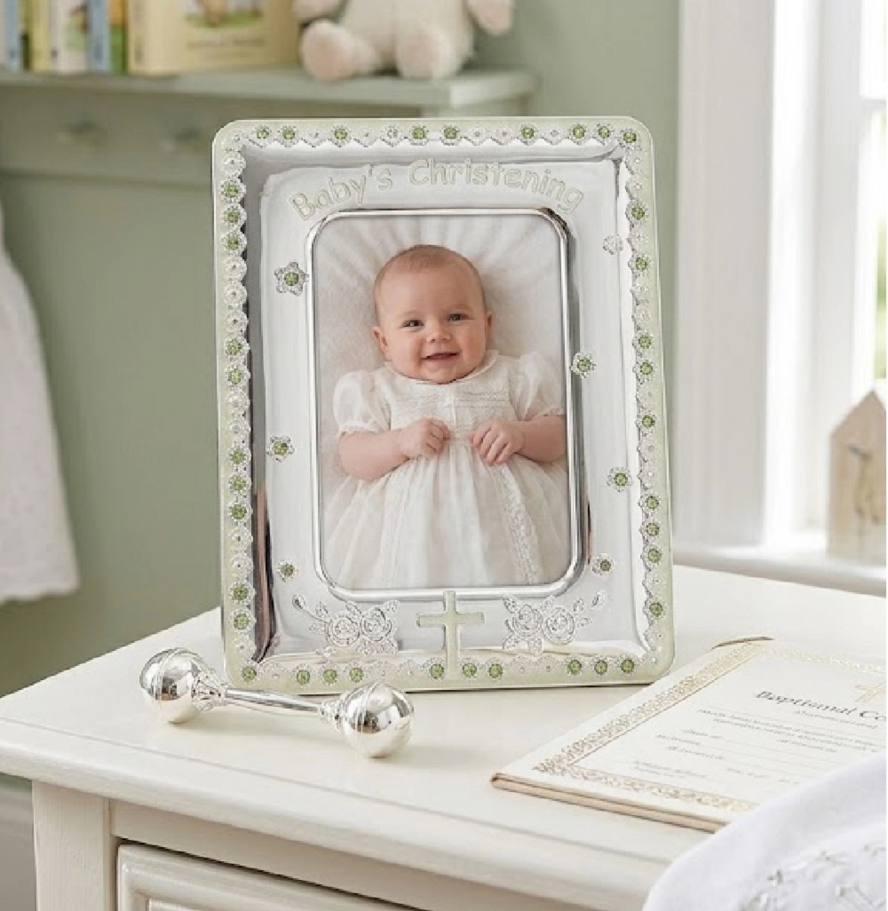 Jiallo "Baby's Christening Day" 4x6" Silver-Plated Photo Frame with Green Accents