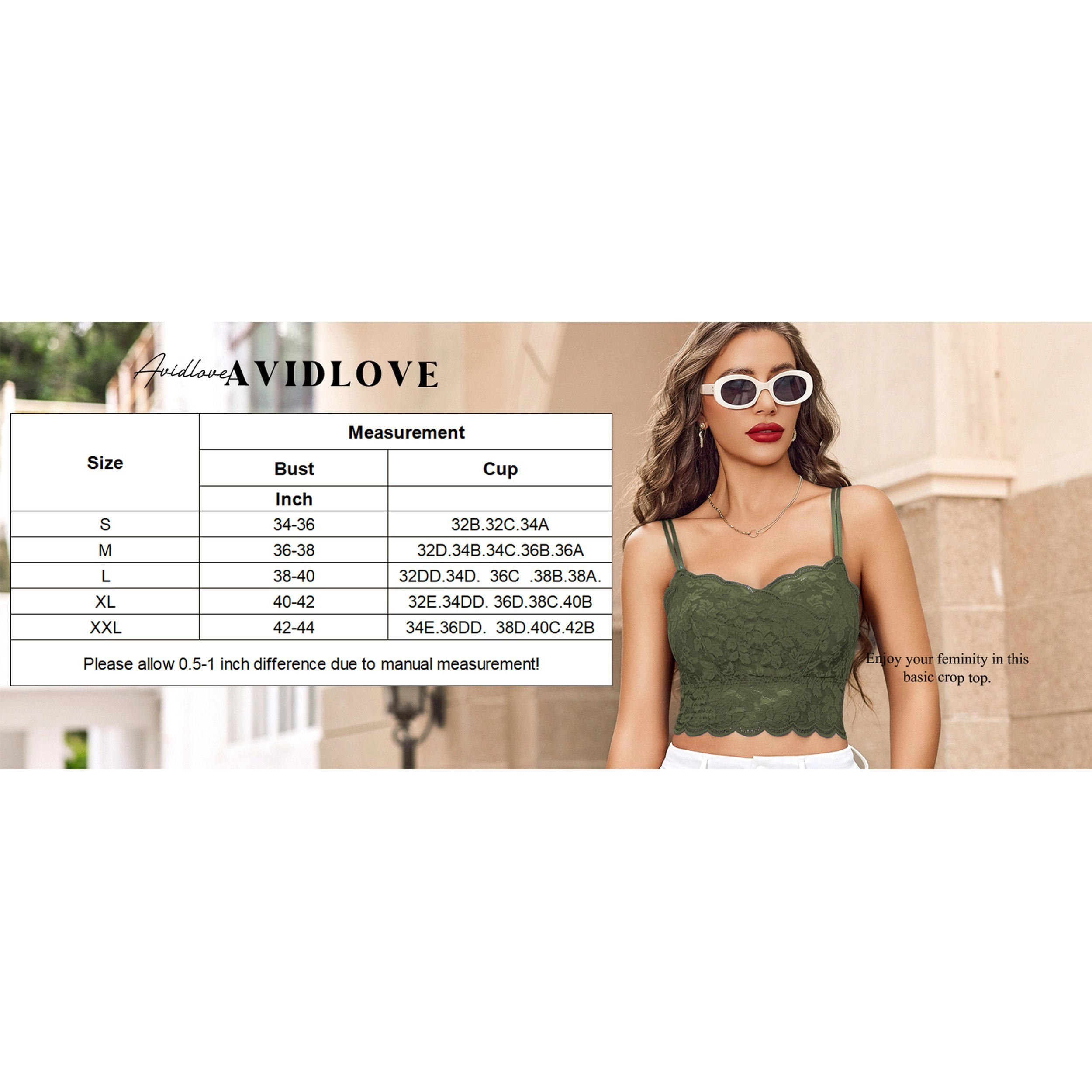 Avidlove Women's V Neck Floral Lace Double Layer Adjustable Strap Cropped Camisole Bralette