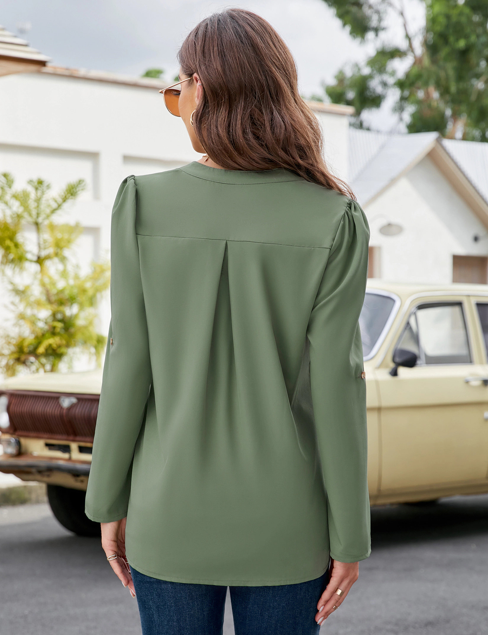 KOJOOIN Women's Chiffon Blouse Split V Neck Roll Tab Long Sleeve Tunic Top Casual Office Business Shirt