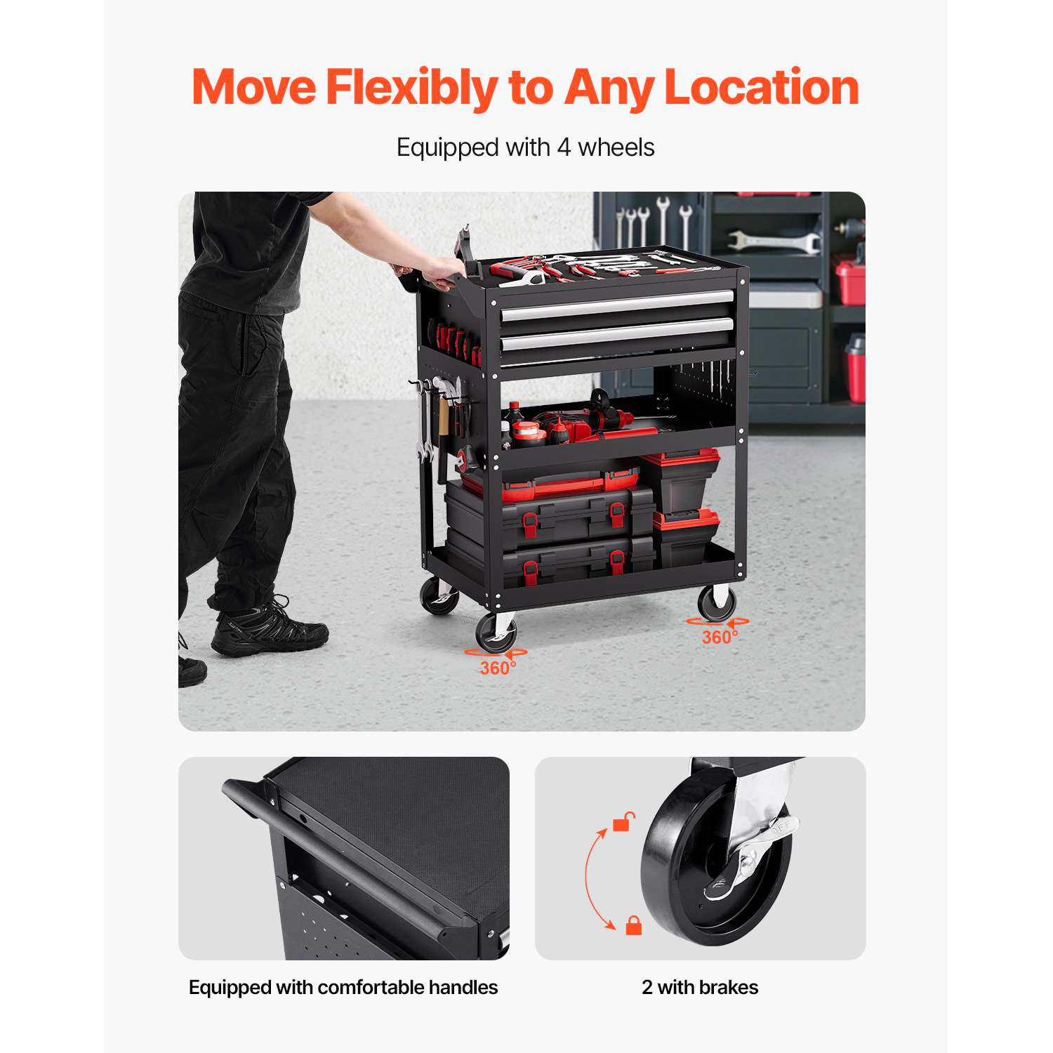 HONGGE Rolling Tool Cart with Wheels, Pegboard, Mechanic Storage Organizer with Locking System for Garage, Warehouse
